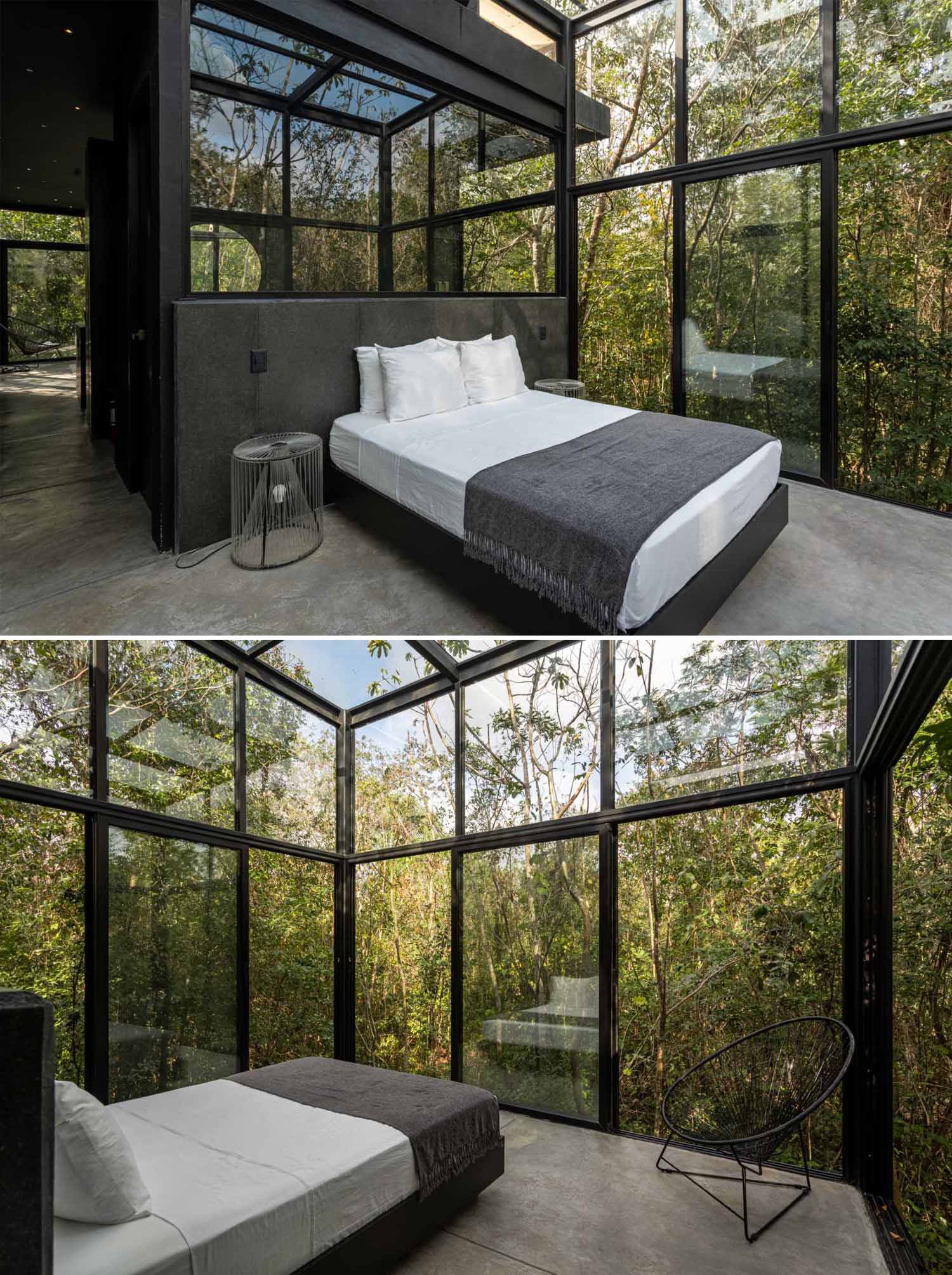 The black-framed windows and sliding walls of the bedrooms in this off-grid cabins, allow the guests to feel like they are sleeping within the dense jungle and are one with nature.