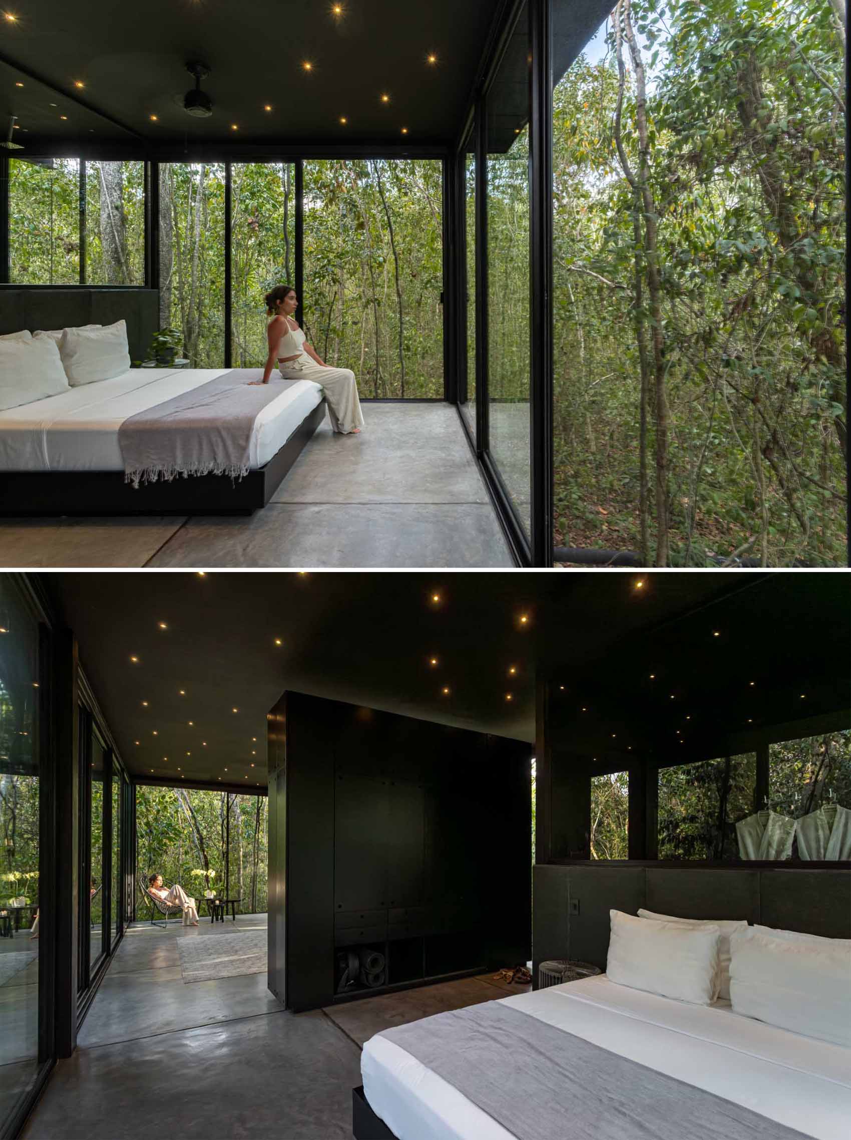 The black-framed windows and sliding walls of the bedrooms in this off-grid cabins, allow the guests to feel like they are sleeping within the dense jungle and are one with nature.