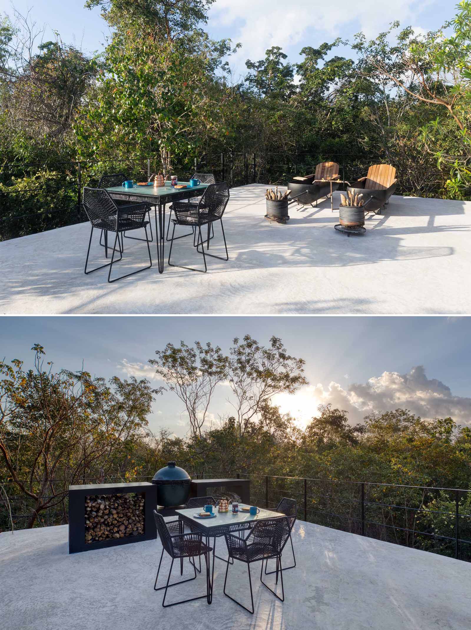 The rooftop of a tiny home features a bbq area, a dining area, and 2 wood-fired tubs.