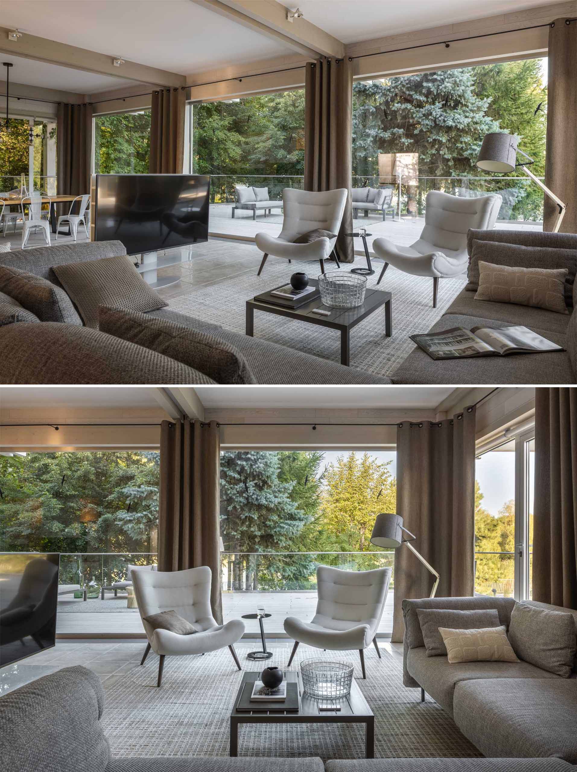 A contemporary living room with exposed posts and beams.