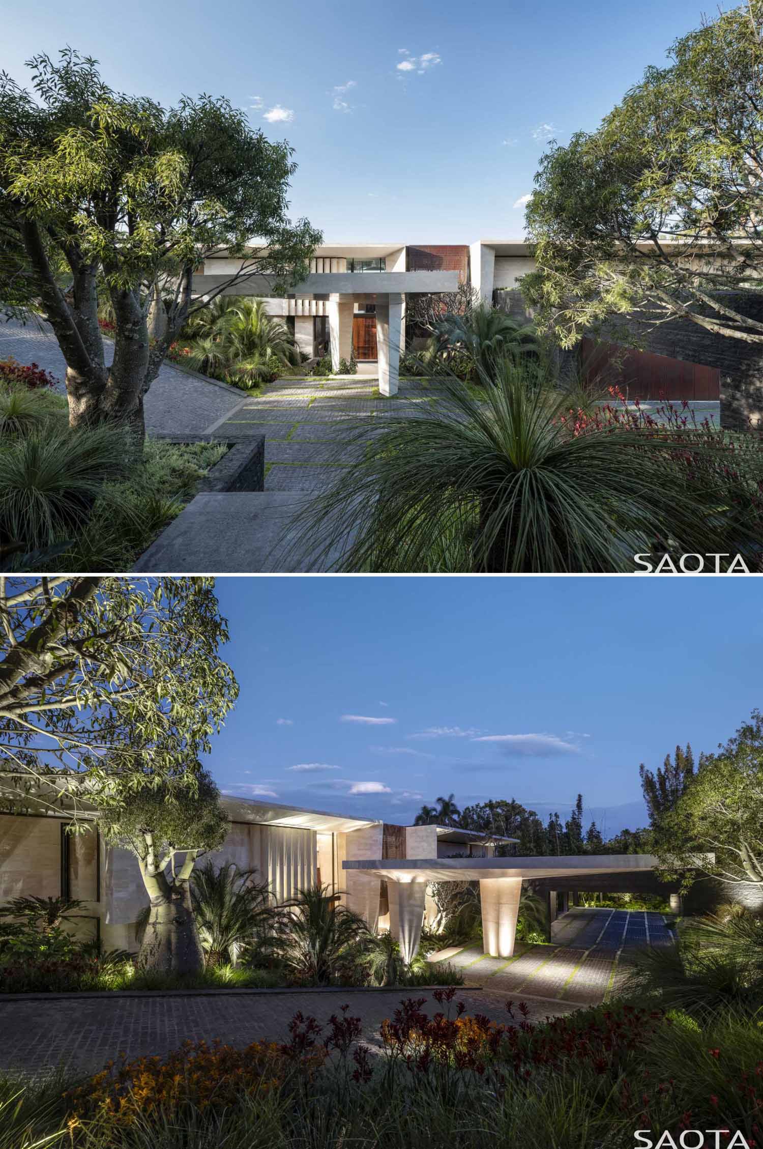 This modern home features Lava stone cladding, Honed Mount White Sandstone, Weathered Copper, and Bronze Aluminium, all of which are inspired by the surrounding area.