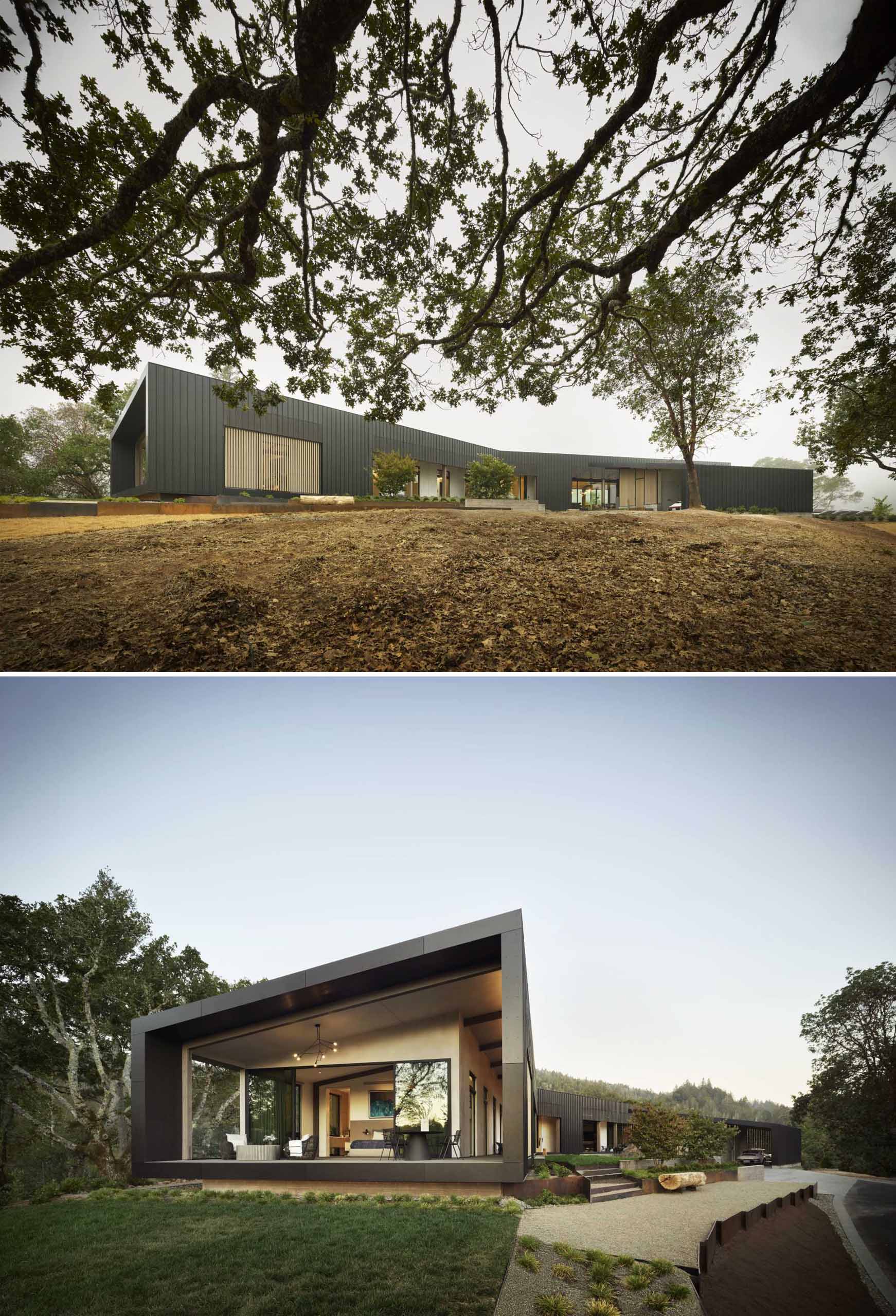 A modern home with a pitched ceiling and exposed wood beams.