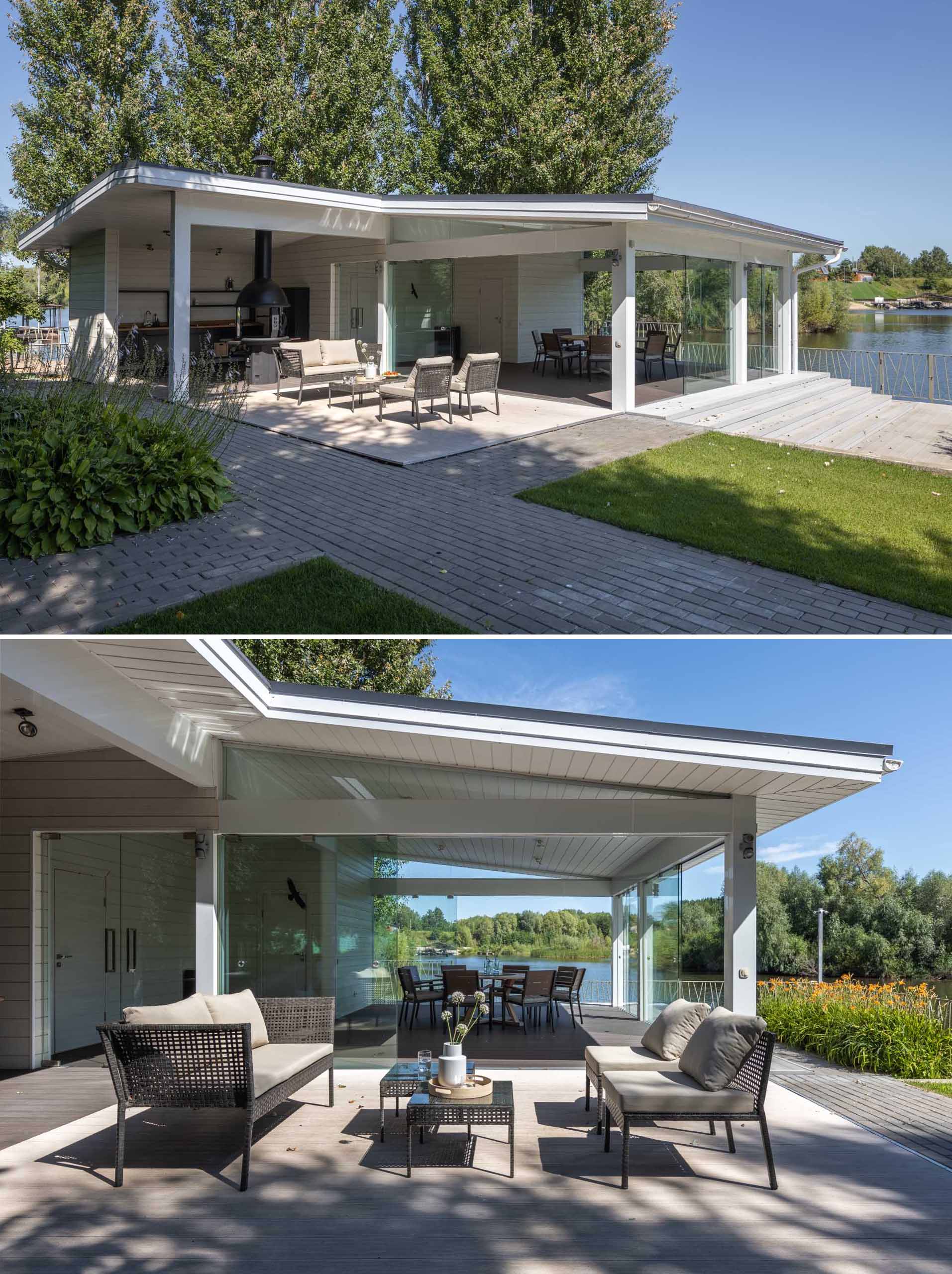 An outdoor pavilion that includes a kitchen with bbq, a covered dining area, and a lounge area.