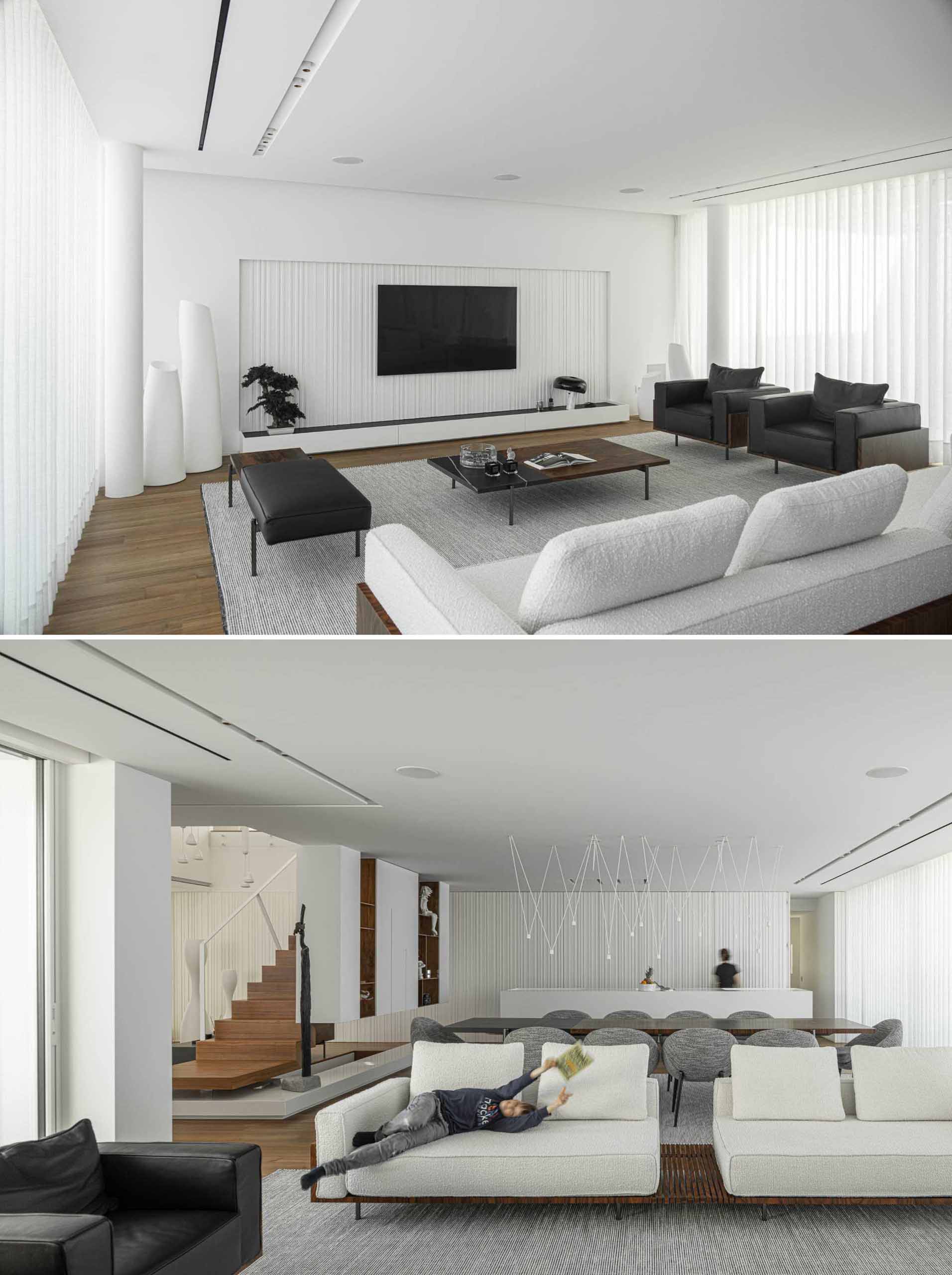 The striped accent walls are also featured inside, like in the living room where they provide a backdrop for the TV.