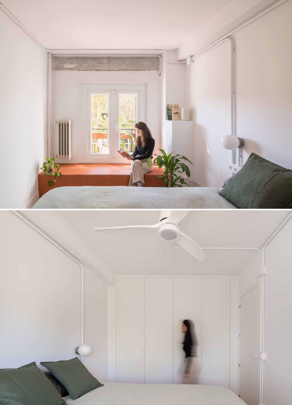 A brightly coloured shelving unit helps to define areas in this