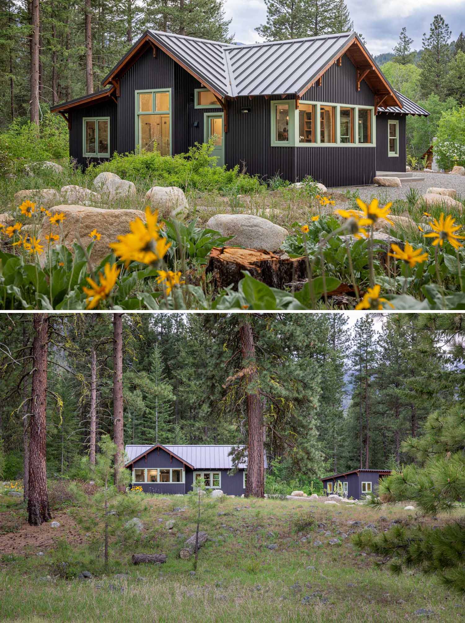 Metal roofing, siding, and a gravel skirt were chosen for this small house to reduce wildfire risk, and native plantings attract and support local birds and wildlife.