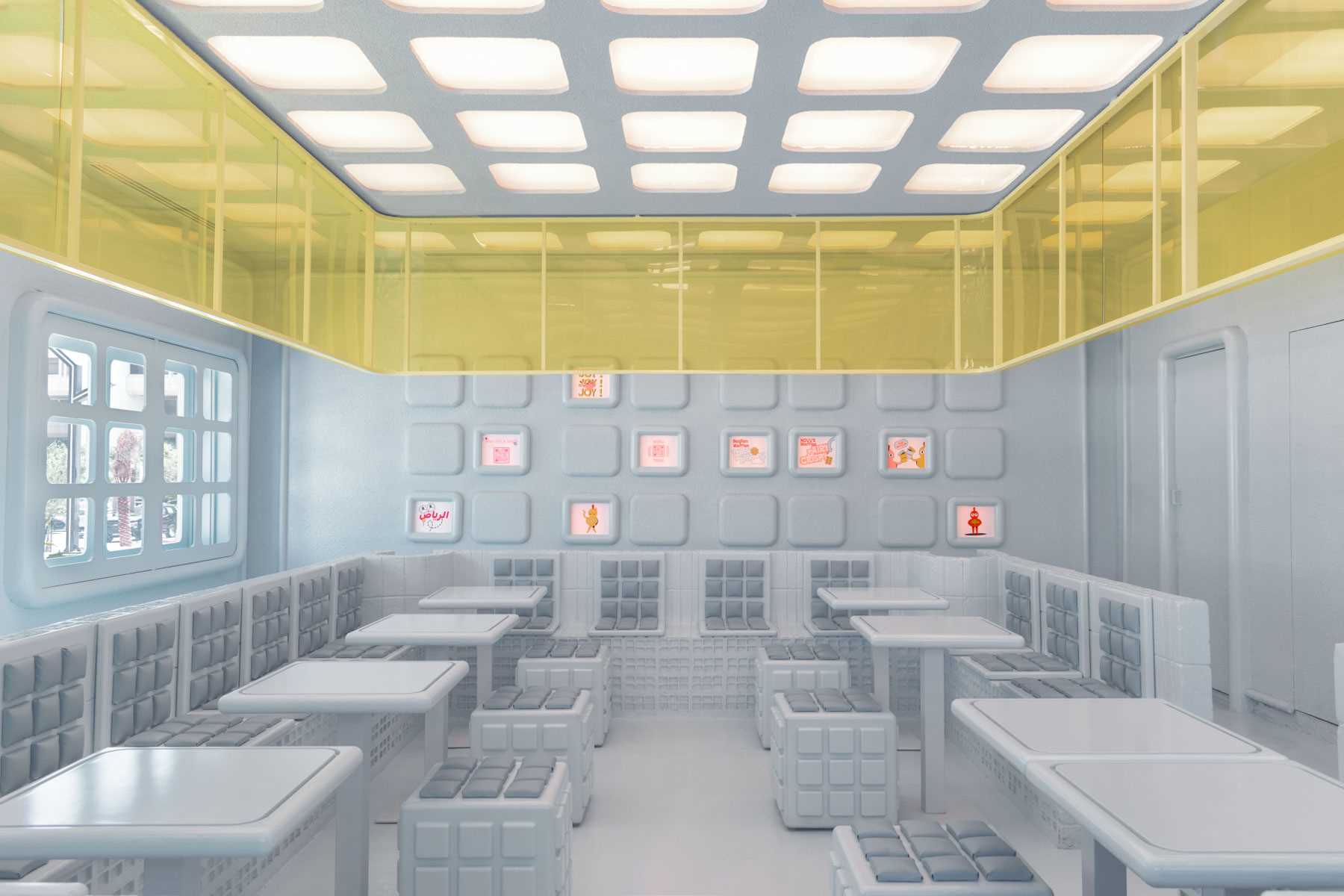 A modern restaurant interior design inspired by the shapes found in a waffle.