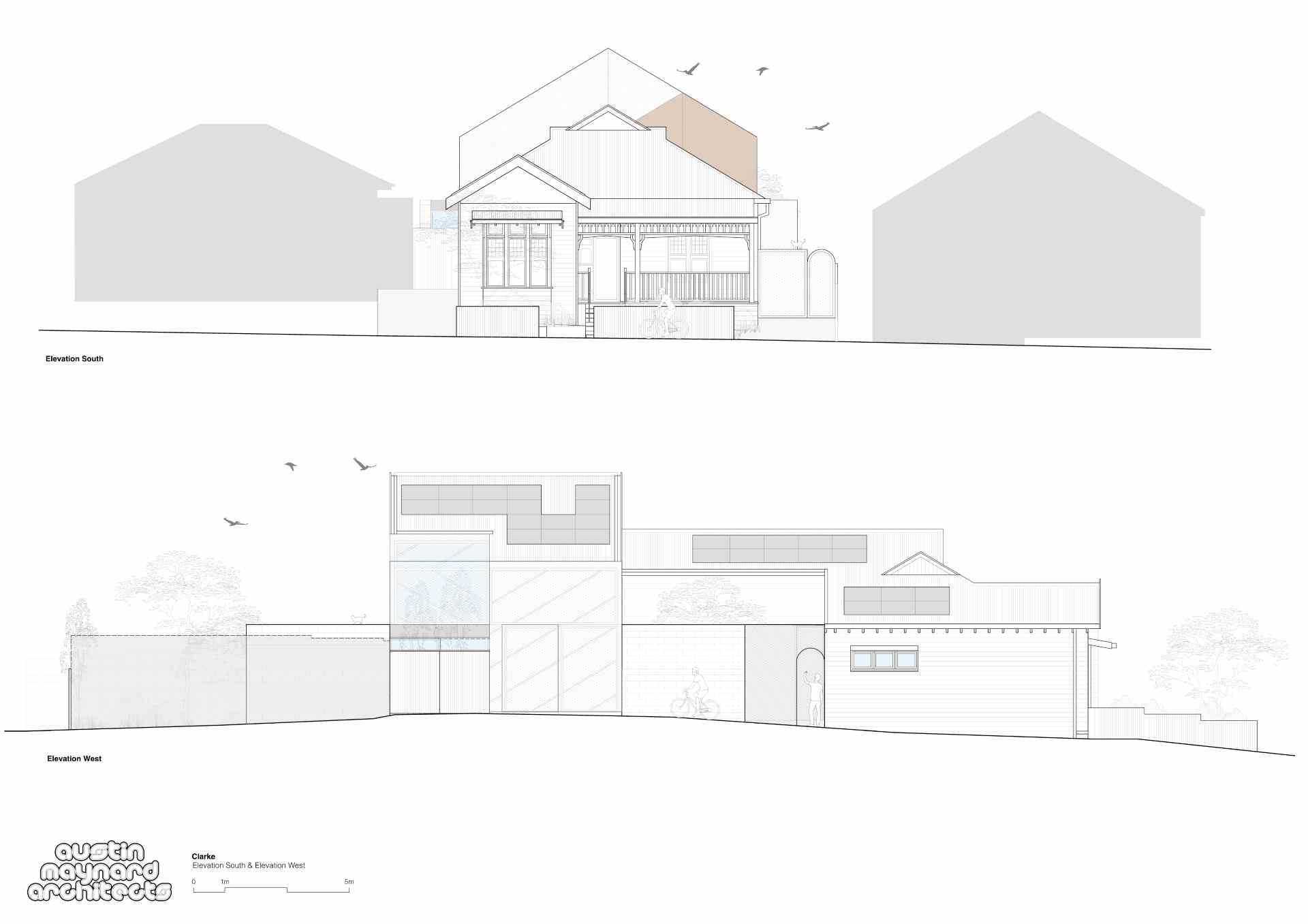 Architectural drawings of a home that received a modern rear addition.