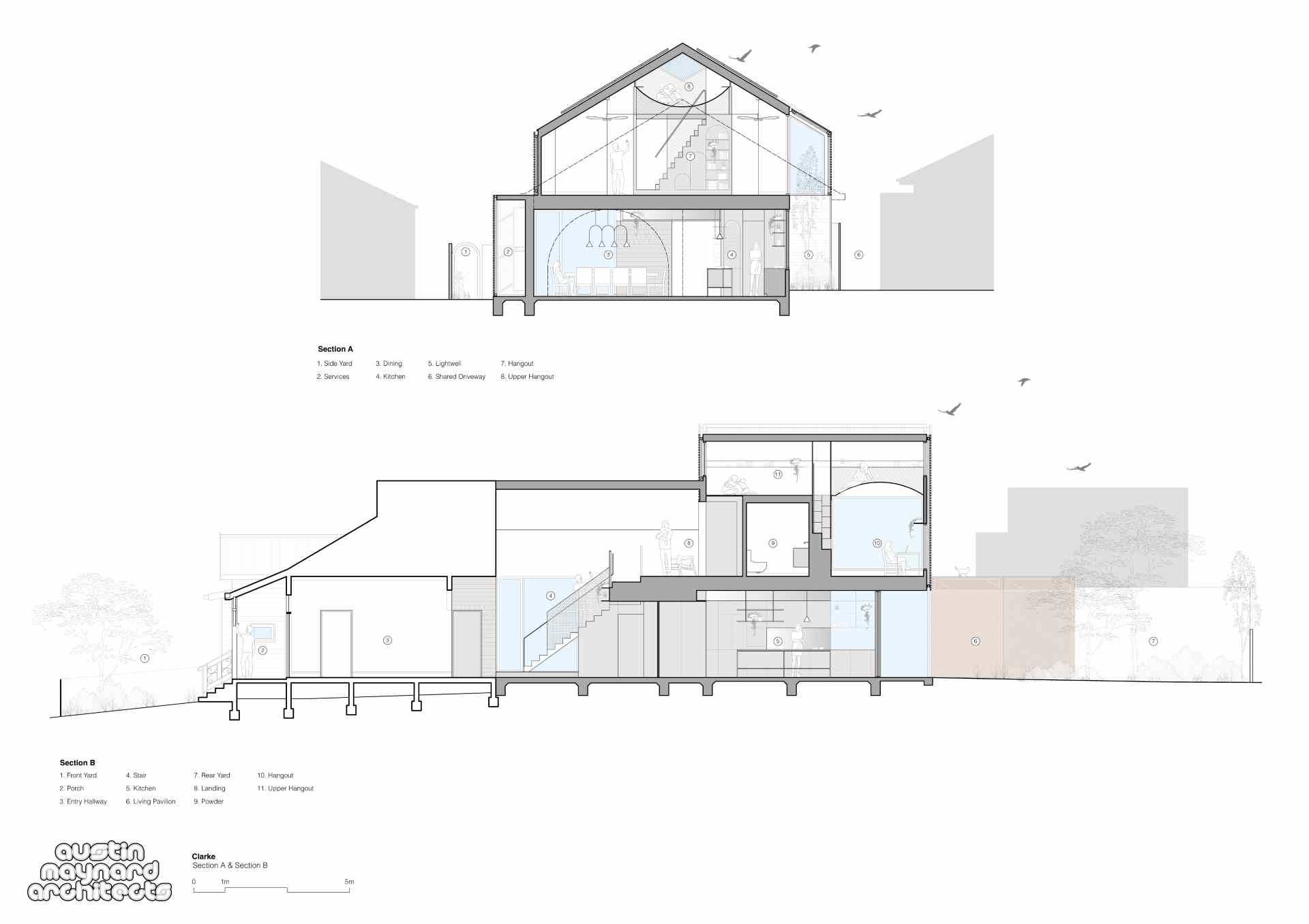 Architectural drawings of a home that received a modern rear addition.