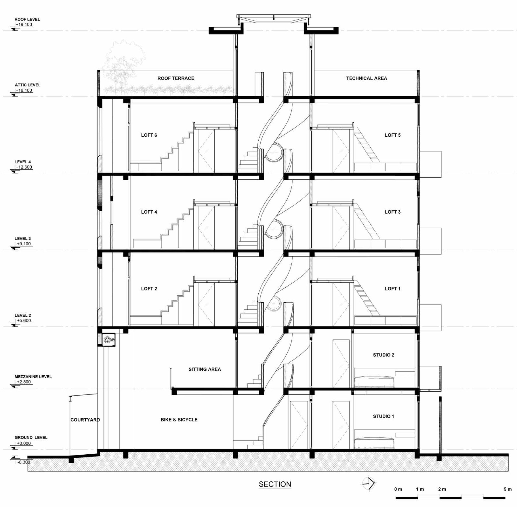 The architectural drawings for a modern apartment building that fills a narrow lot and features cloud-shaped openings.
