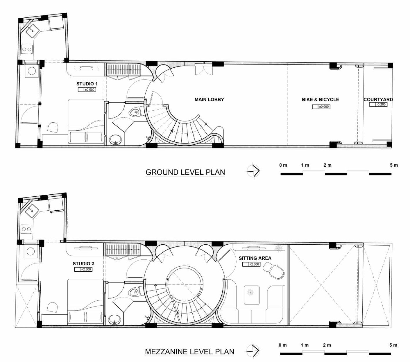 The architectural drawings for a modern apartment building that fills a narrow lot and features cloud-shaped openings.
