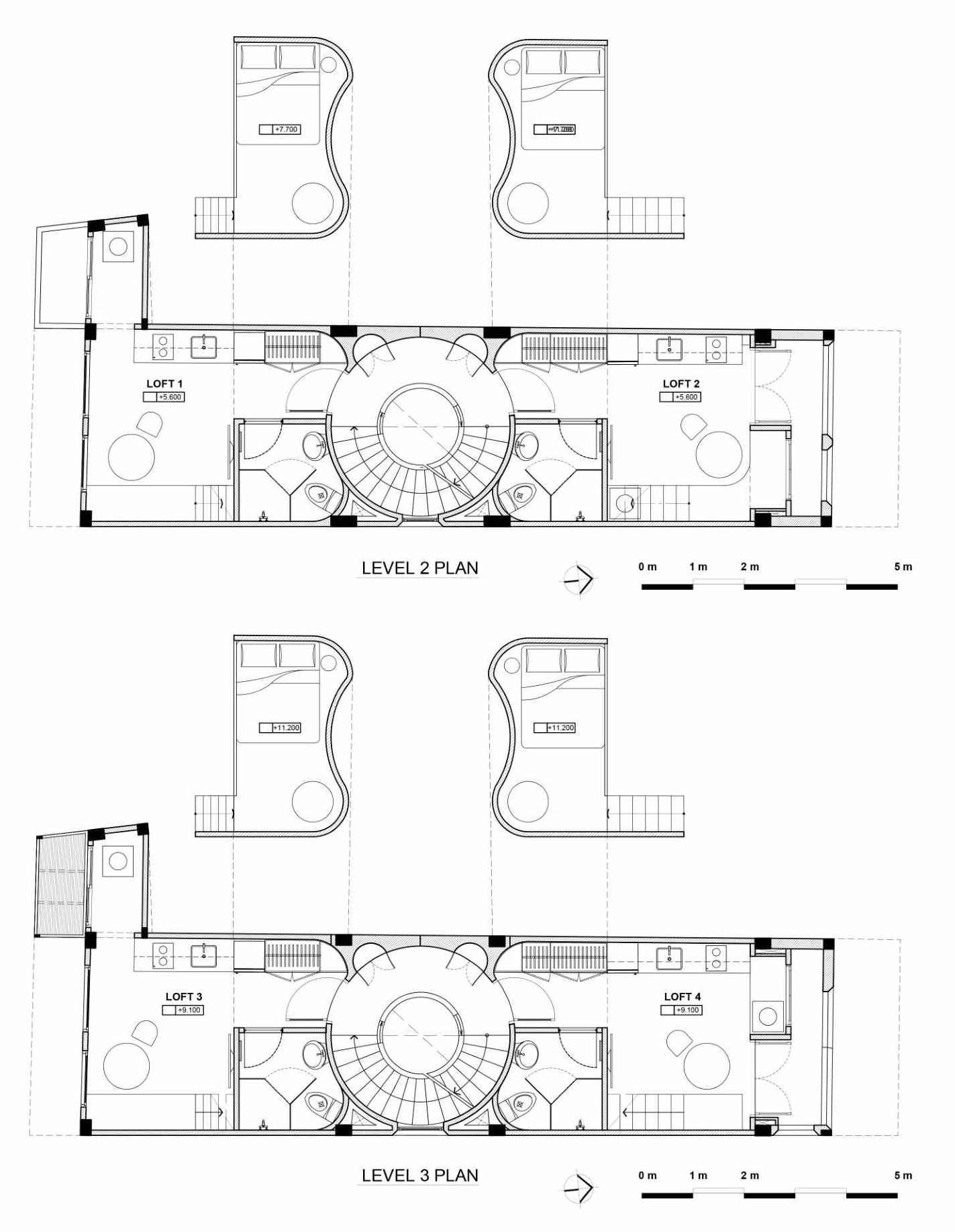 The architectural drawings for a modern apartment building that fills a narrow lot and features cloud-shaped openings.
