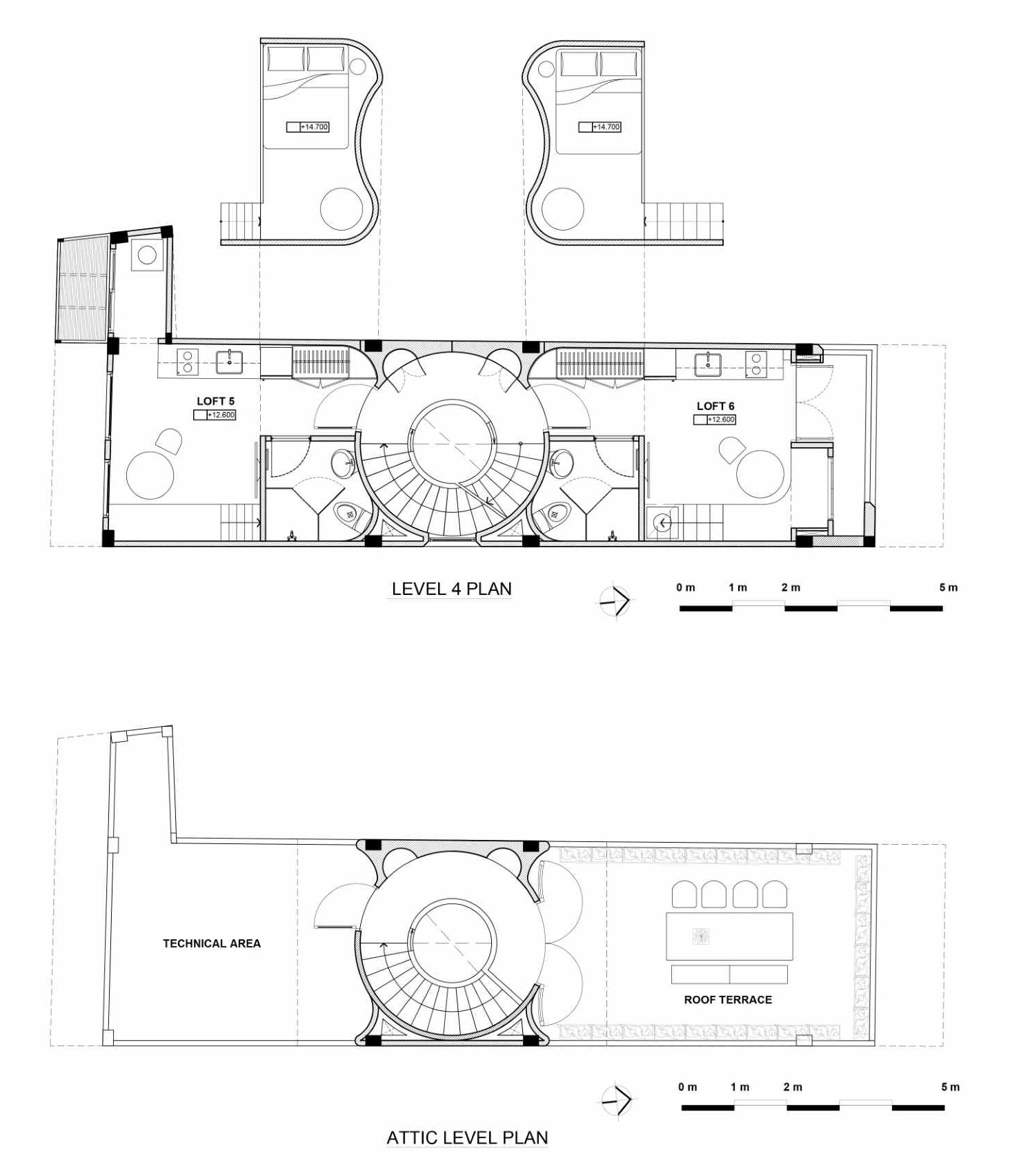 The architectural drawings for a modern apartment building that fills a narrow lot and features cloud-shaped openings.