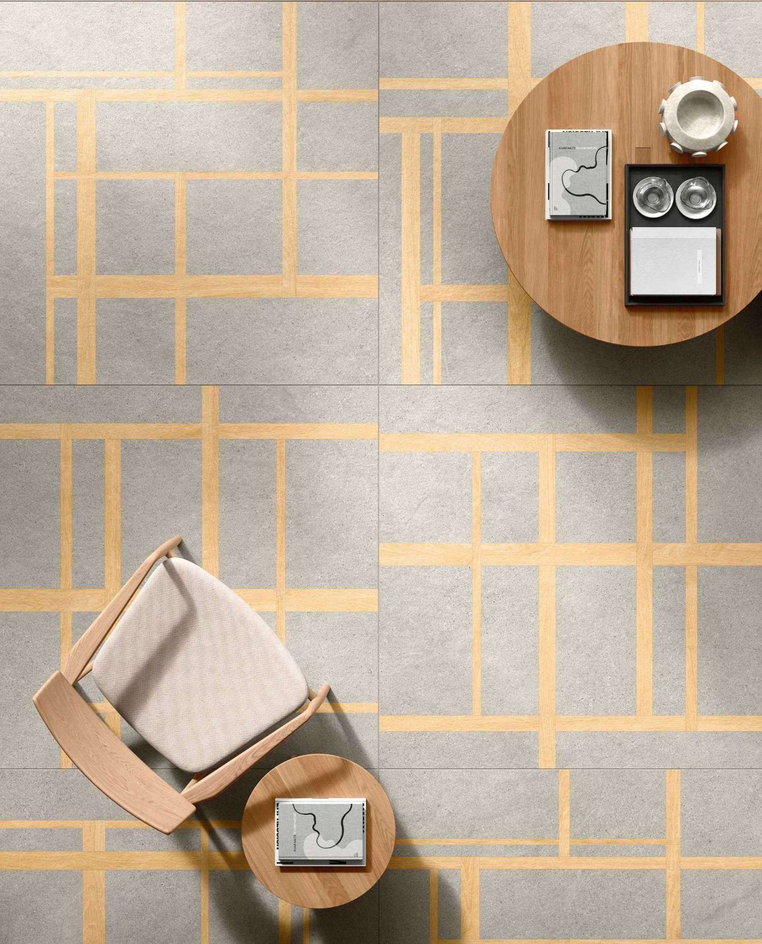 Clean lines and soft contrast define this tile design, where warm wood tones intersect over cool concrete grey. The subtle grid pattern brings quiet order to contemporary spaces, perfectly pairing with light oak furniture and sculptural decor.