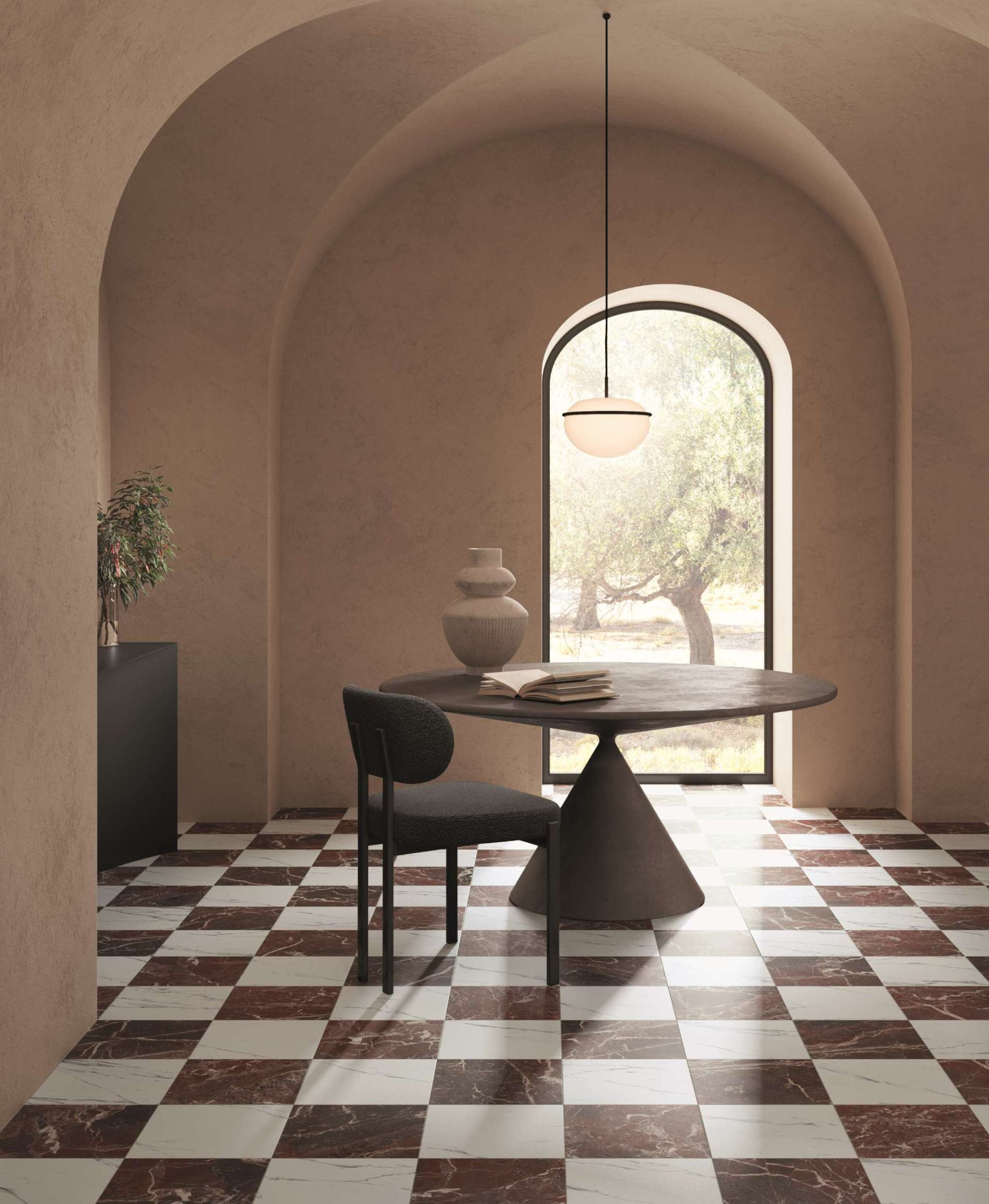 Classic checkerboard tile gets an elevated twist with deep burgundy and soft ivory marbling. The high-contrast floor grounds this arched, Mediterranean-inspired space with quiet drama, adding a sense of timeless elegance to minimalist interiors.