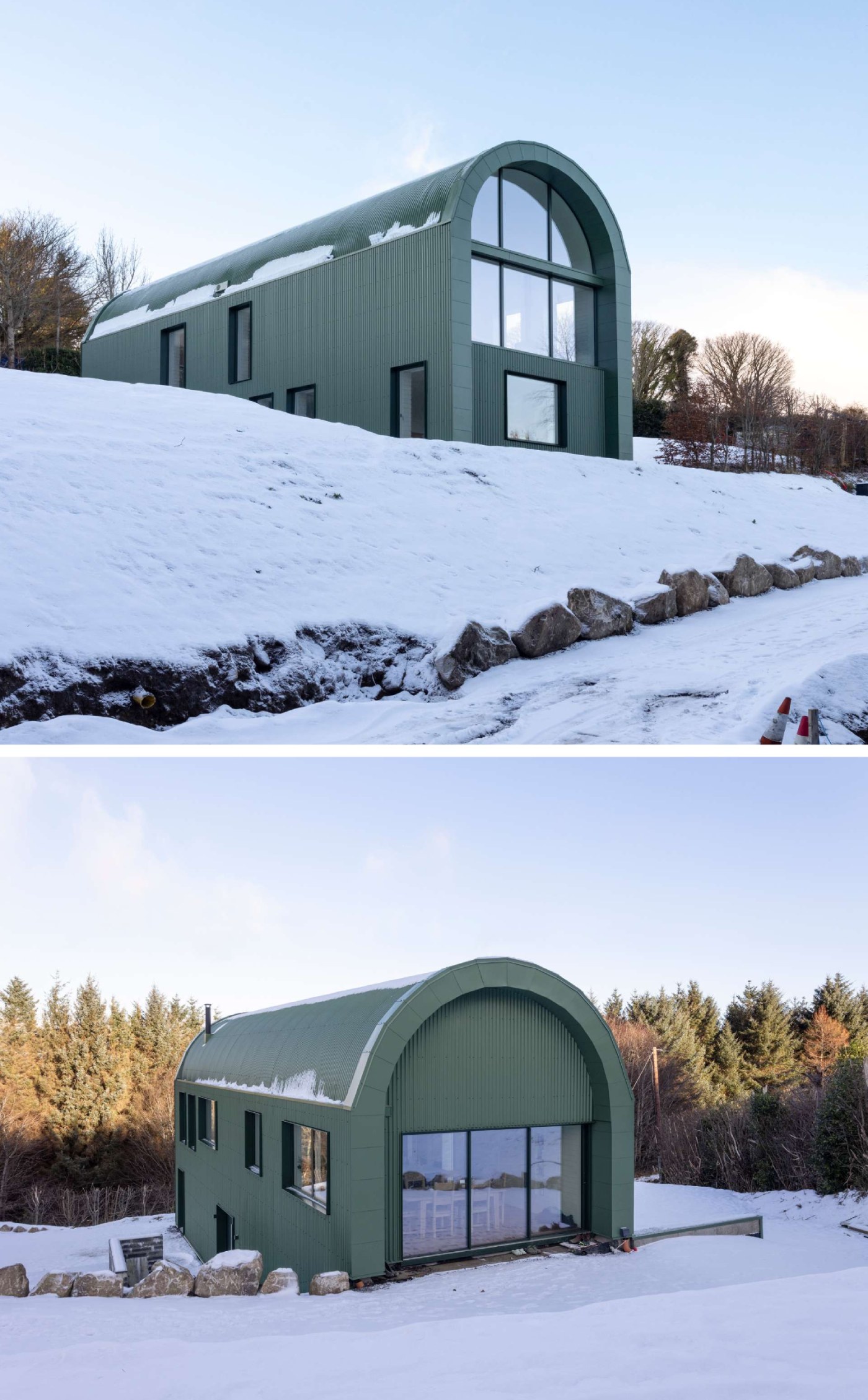 This modern home draws inspiration from the green corrugated steel sheds scattered across the Wicklow landscape, embracing their utilitarian grace while subtly elevating every detail. Its elongated form, curved roofline, and semi-submerged base follow the natural slope of the site, preserving its topographical character and minimizing excavation.