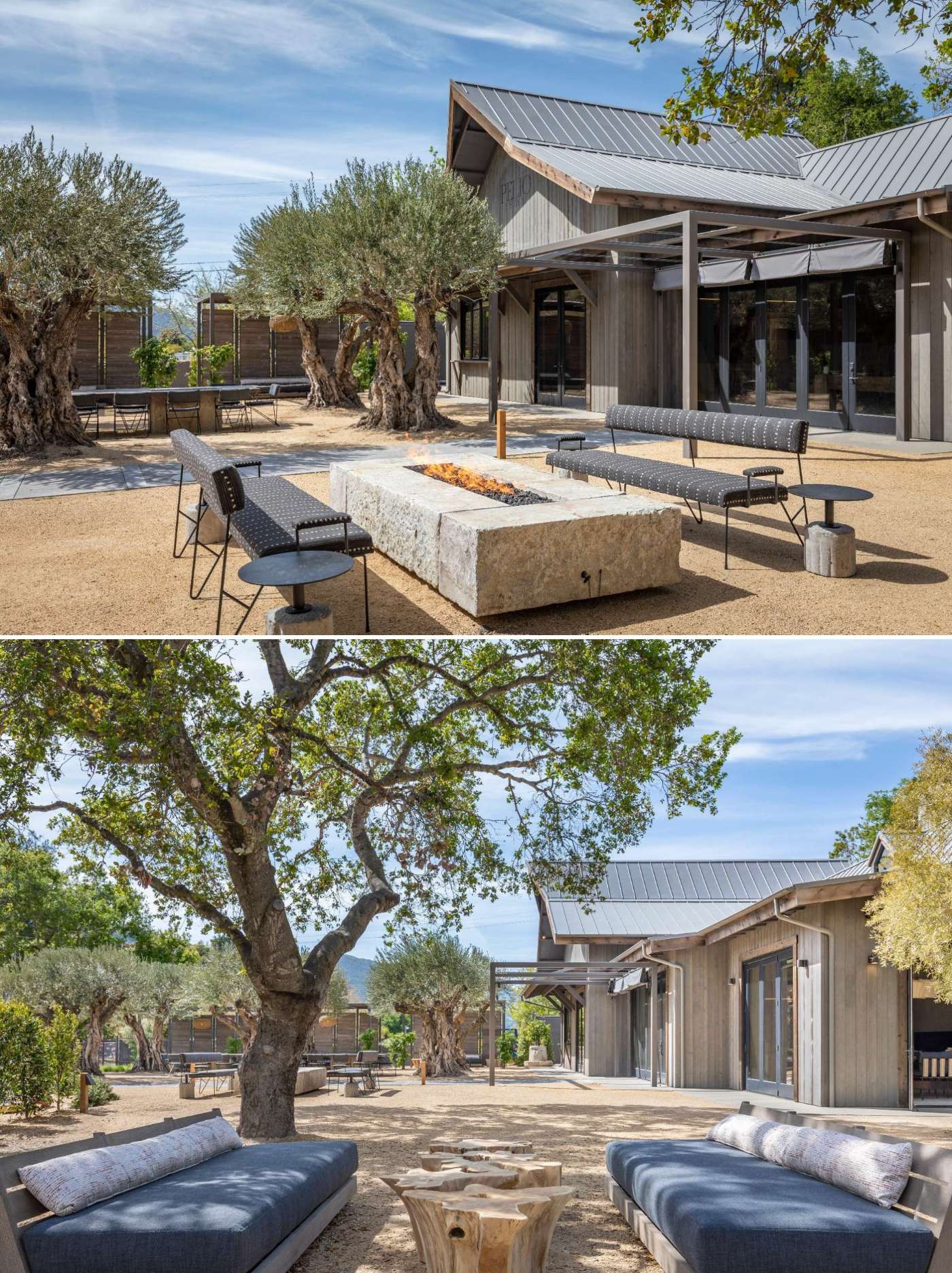 An old barn and gravel parking lot were turned into a warm, moody, tasting room and outdoor space that feels as much like a home as it does a place to sip wine.