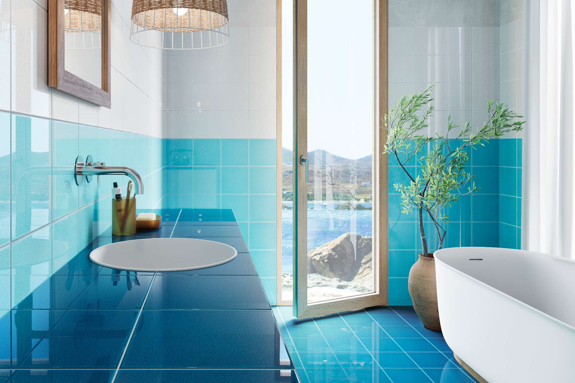 Layers of turquoise and deep ocean blue tiles bring coastal calm to this sunlit bathroom. The open view, organic textures, and sleek sink design create a fresh, resort-inspired space perfect for everyday escapes.