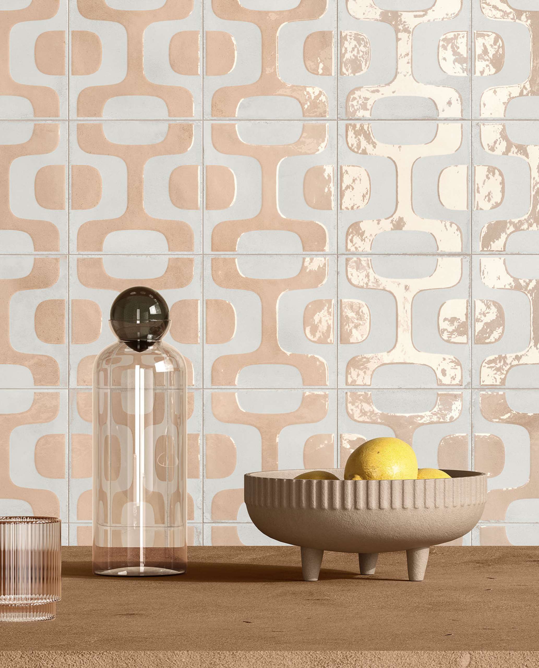 Soft curves, peachy pink tones, and a mix of matte and glossy finishes give these wall tiles a playful retro vibe. Perfect for a backsplash or accent wall that nods to the 70s while feeling fresh and curated.