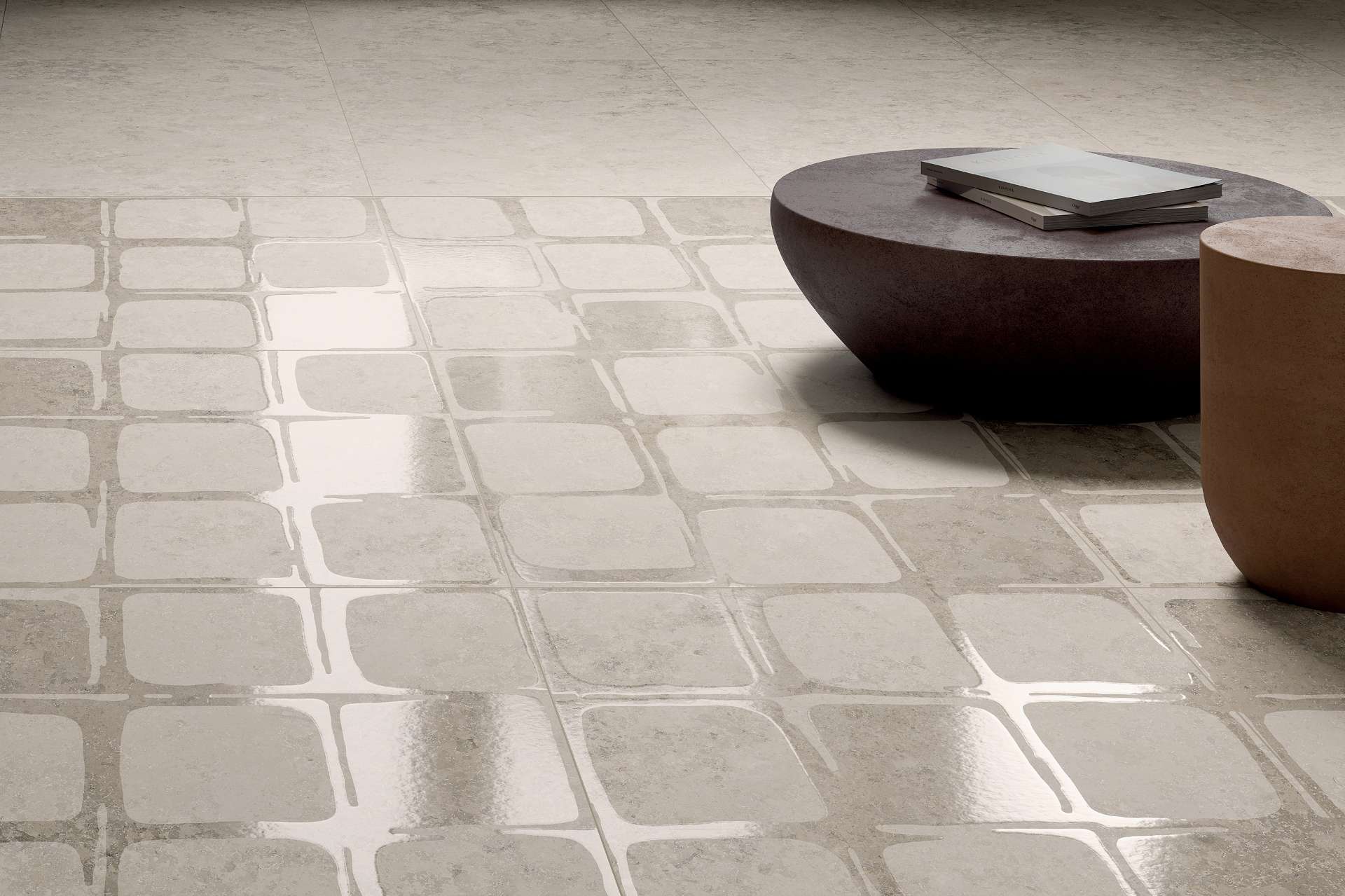 A soft neutral palette meets retro-inspired geometry in these floor tiles, combining a subtle sheen with rounded square motifs. Ideal for creating a relaxed, modern look with just the right amount of vintage charm.