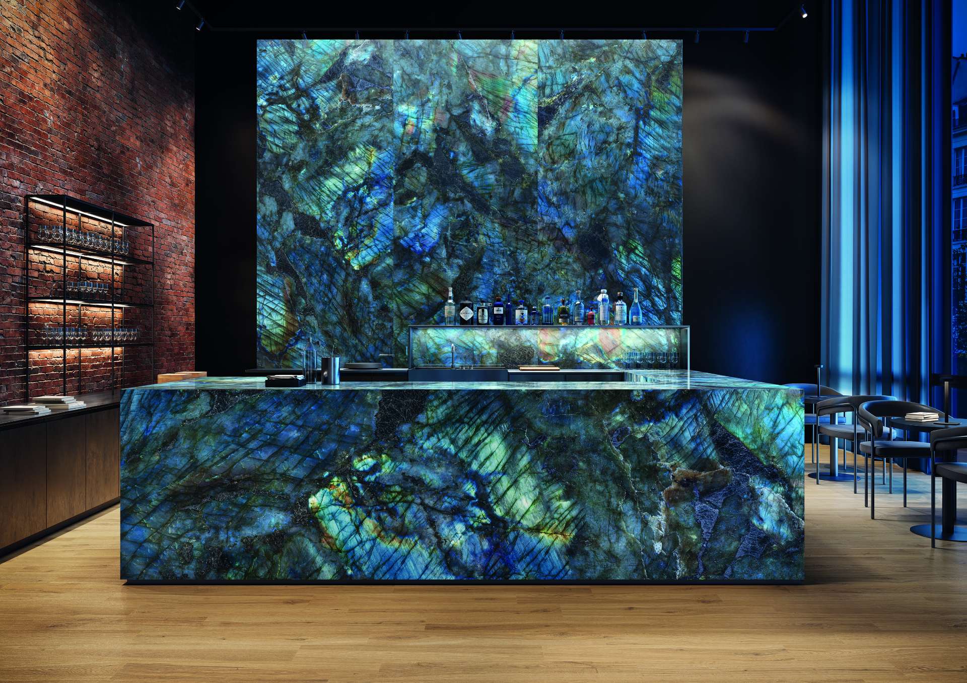 This dramatic stone bar creates a showstopping centerpiece with its iridescent blues, greens, and flashes of gold. Perfect for bold interiors where luxury meets natural spectacle.