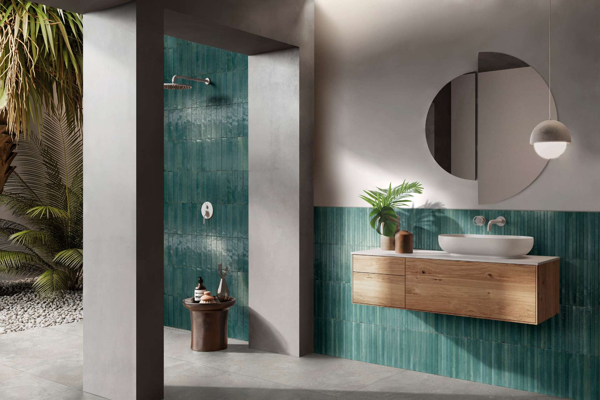 This refreshing bathroom blends rustic wood, glossy green tiles, and natural textures to create a serene oasis. The open shower and leafy accents make it feel like a spa retreat tucked inside a tropical courtyard.
