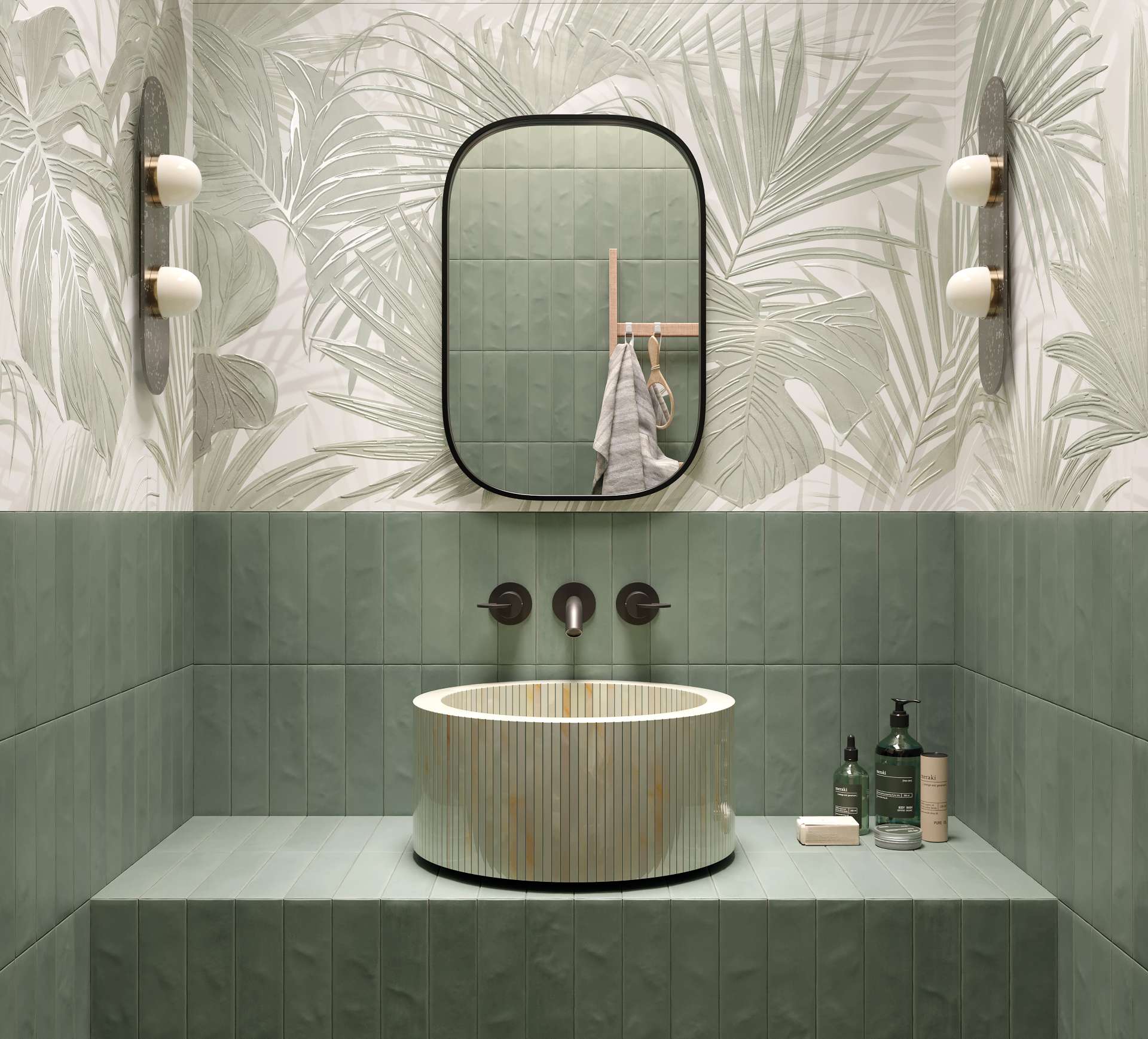Soft sage green tiles meet a tropical leaf-print wallpaper in this dreamy, nature-inspired bathroom. The vertical tile layout adds height, while the fluted basin brings an artisan touch, perfect for a calming, curated space with personality.