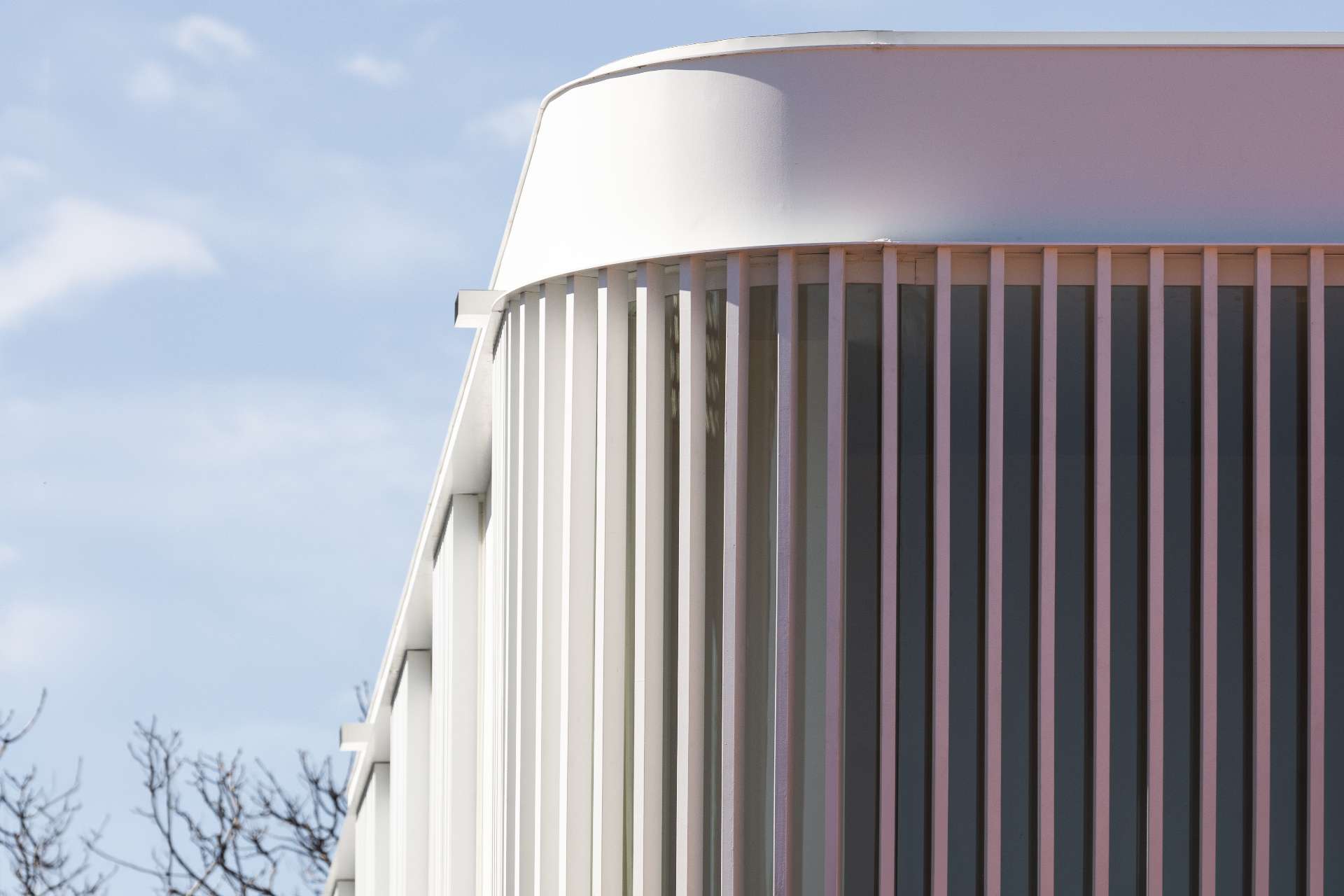 A curving white upper level with vertical battens rises above the traditional terracotta-roof, blending bold modernism with suburban heritage.