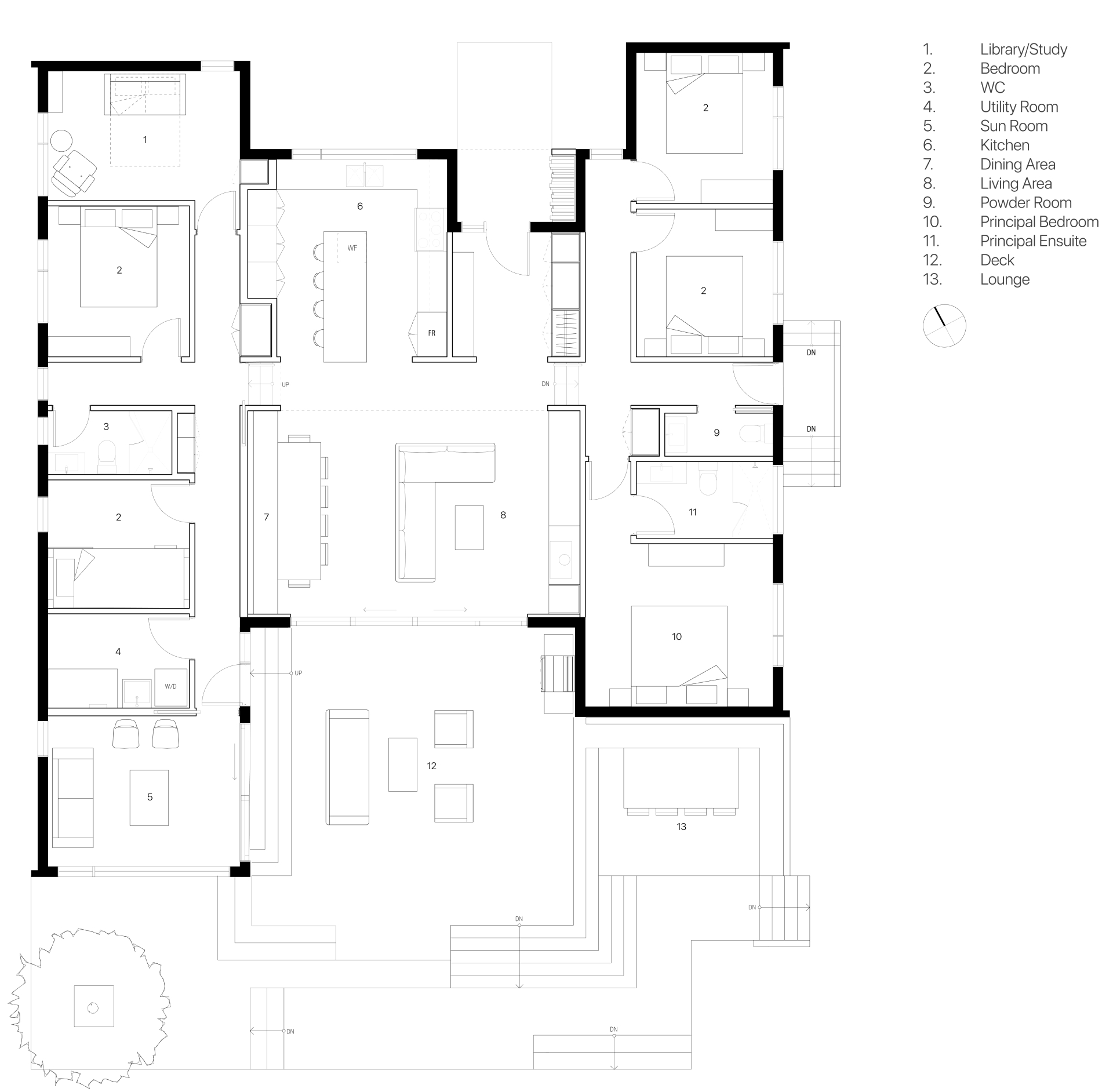 The floor plan of a modern cottage.
