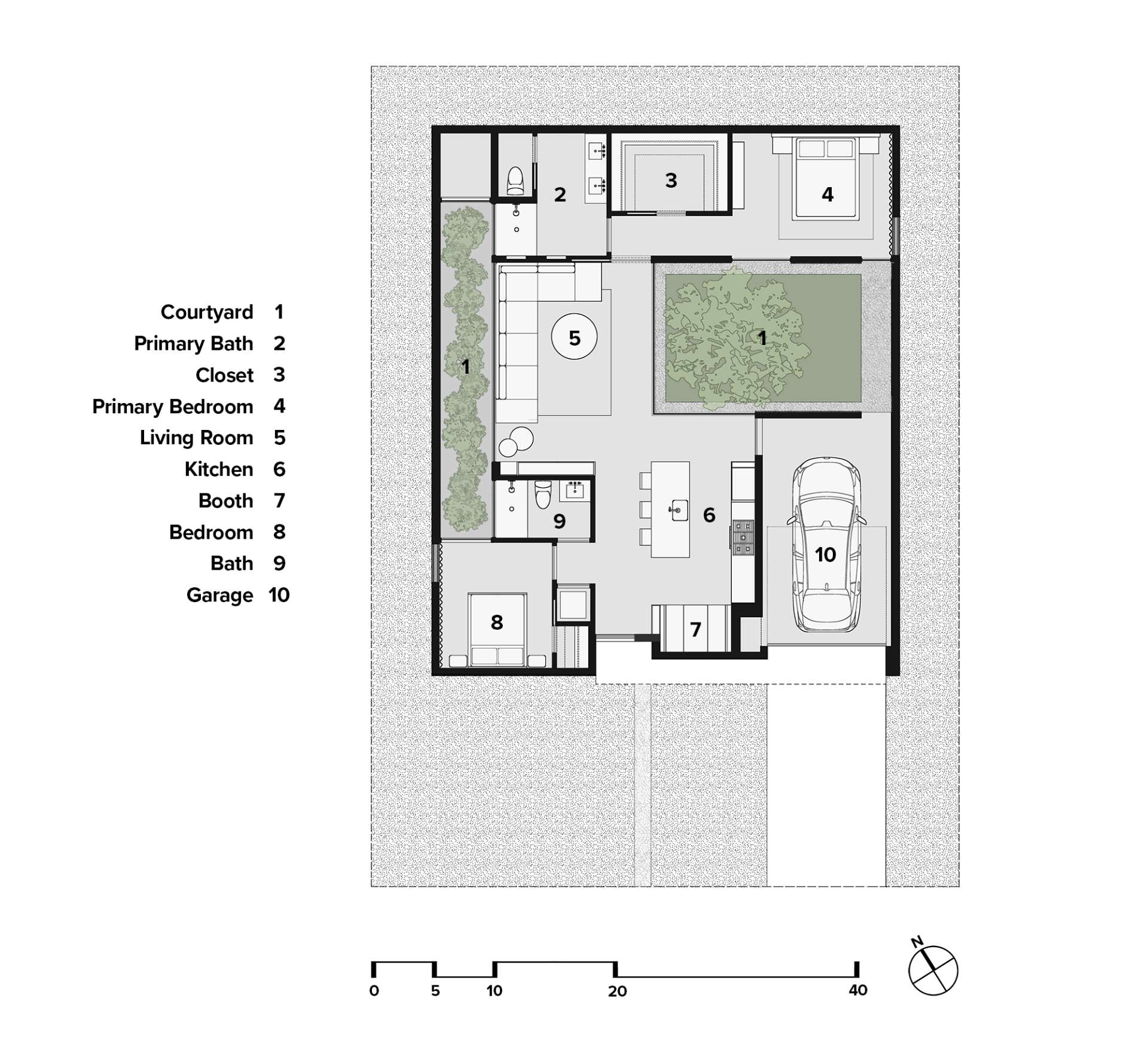 Architectural drawings for a modern home with a corrugated steel exterior and an interior courtyards.