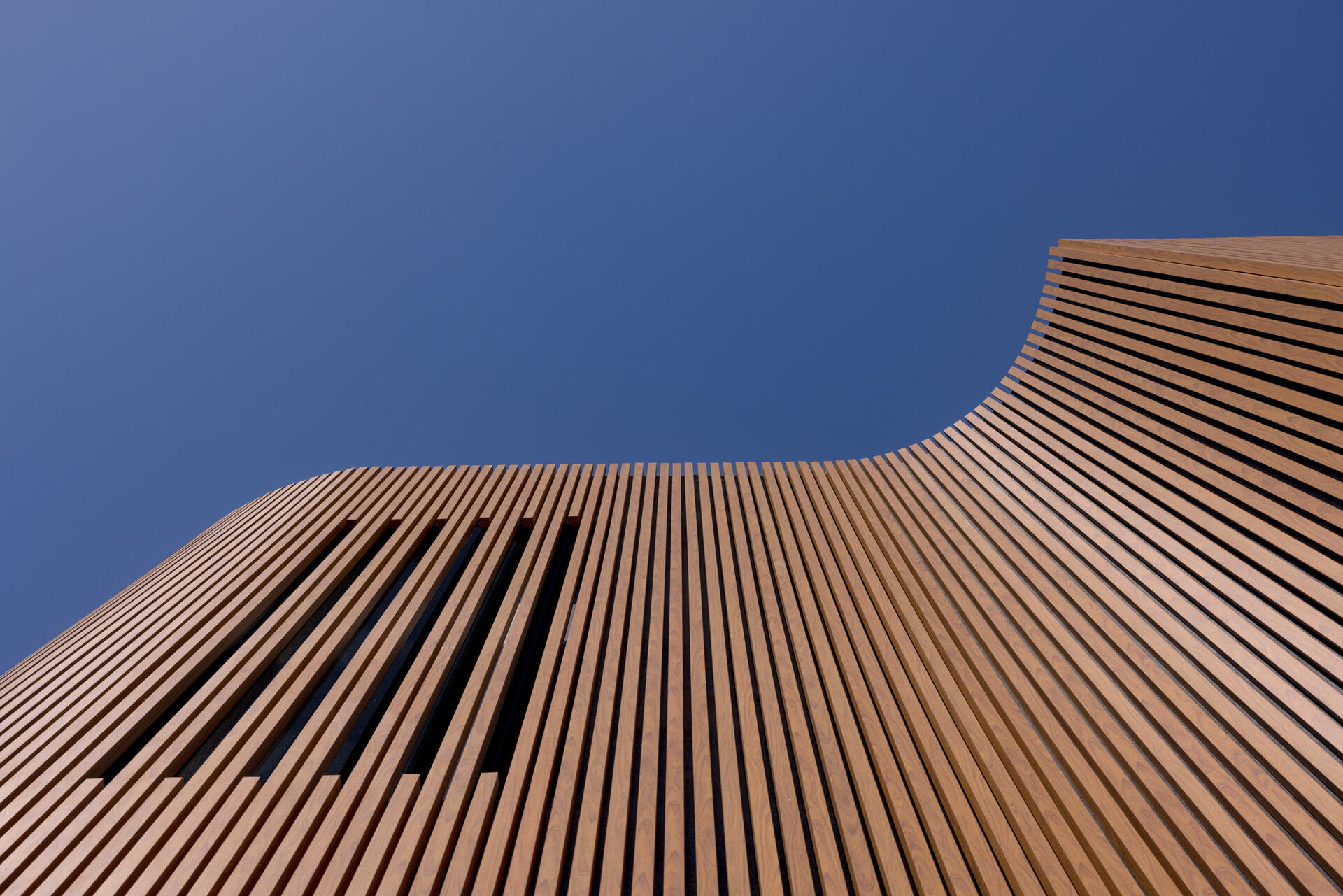 A modern home with wood details and curves on the facade.
