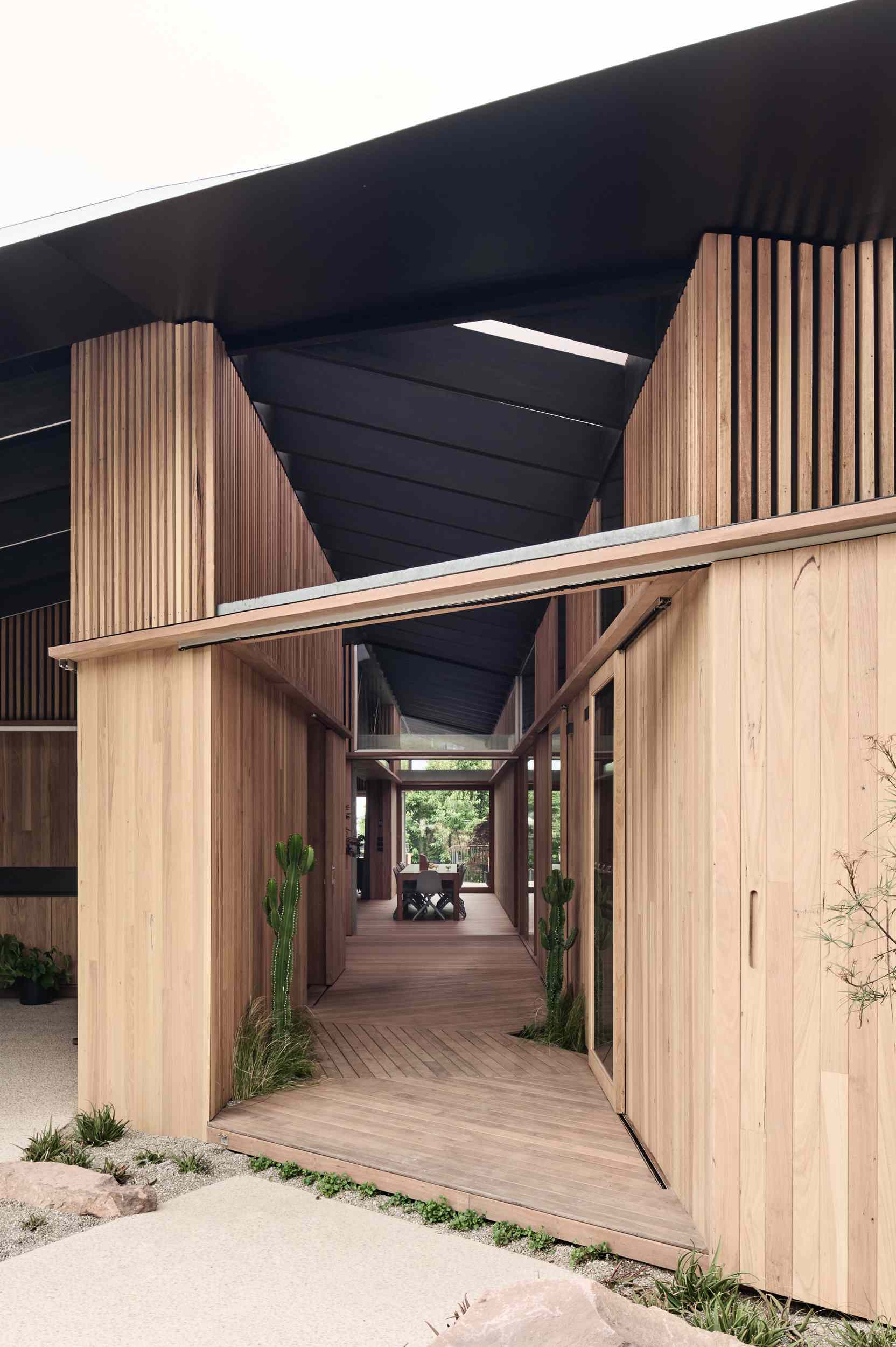 A timber-clad entryway sets the tone, with a boardwalk-style floor leading through softly filtered light from a translucent roof. Cacti in recessed pockets add sculptural interest, while the mix of slats, glass, and clean structural lines strikes a perfect balance between privacy and openness.