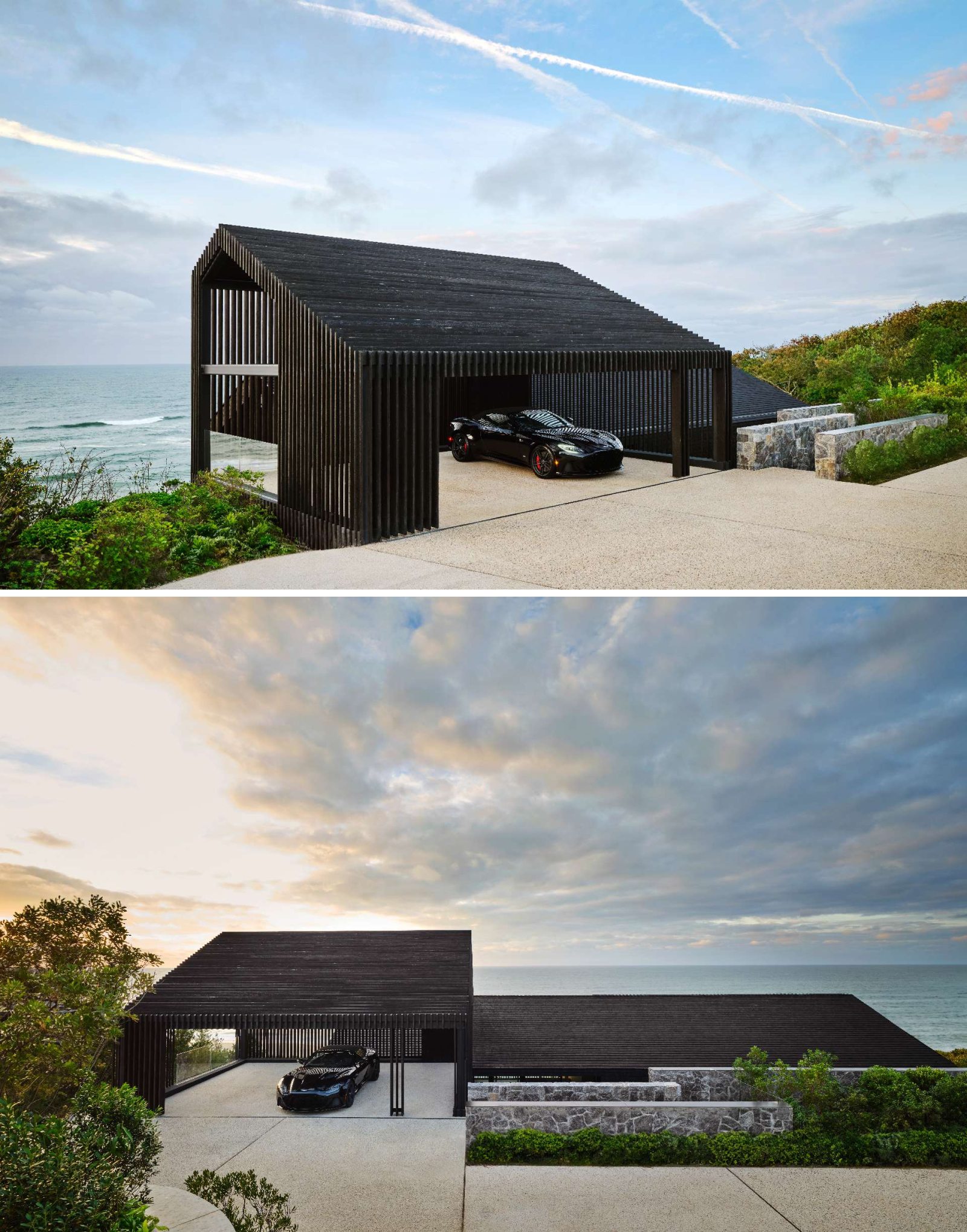 Clad in shou sugi ban, a charred timber technique known for its weather resistance, this dark, sculptural volume anchors the home in local architectural tradition, while offering durability against the coastal climate.