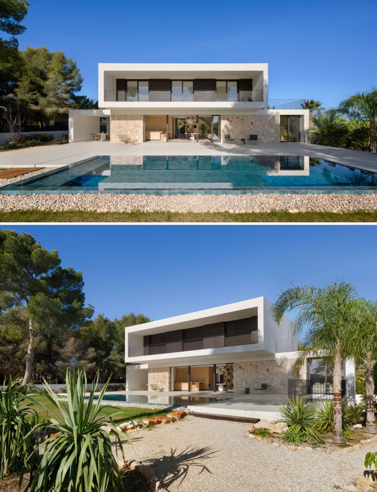 Stone, white render, and warm wood cladding create a material rhythm that shifts throughout the day, depending on how the Mediterranean light strikes its surfaces.