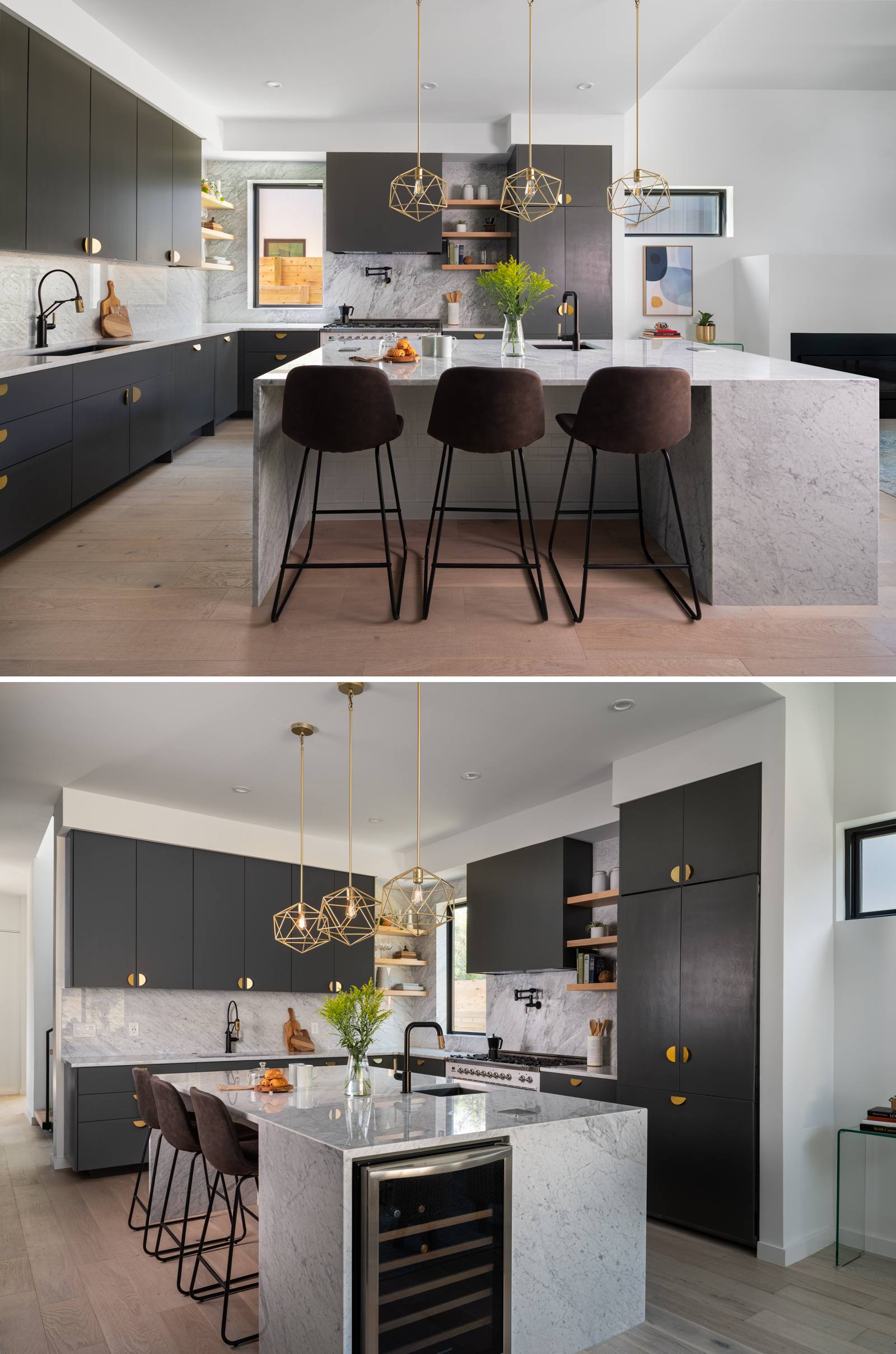 The kitchen combines clean lines with inviting textures. Flat-panel dark cabinetry brings warmth to the space, while a sleek stone island provides contrast and utility. Integrated appliances and minimalist hardware keep the look streamlined, and under-cabinet lighting adds subtle depth.