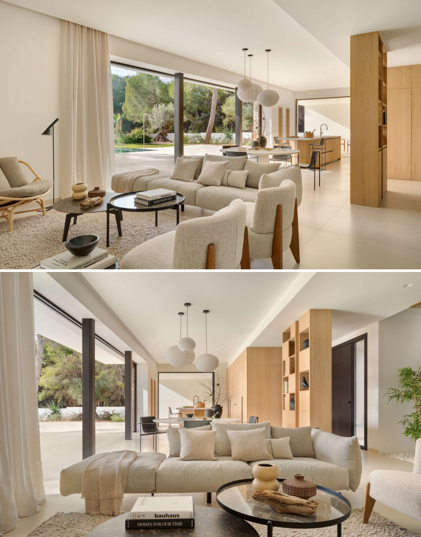 This living room feels like a quiet extension of the architecture itself. Soft neutral tones, natural textures, and expansive glass walls give the living room a warm, sunlit elegance. The open-plan layout flows seamlessly into the dining and kitchen areas, while views of surrounding trees reinforce the home’s calming, indoor-outdoor connection.