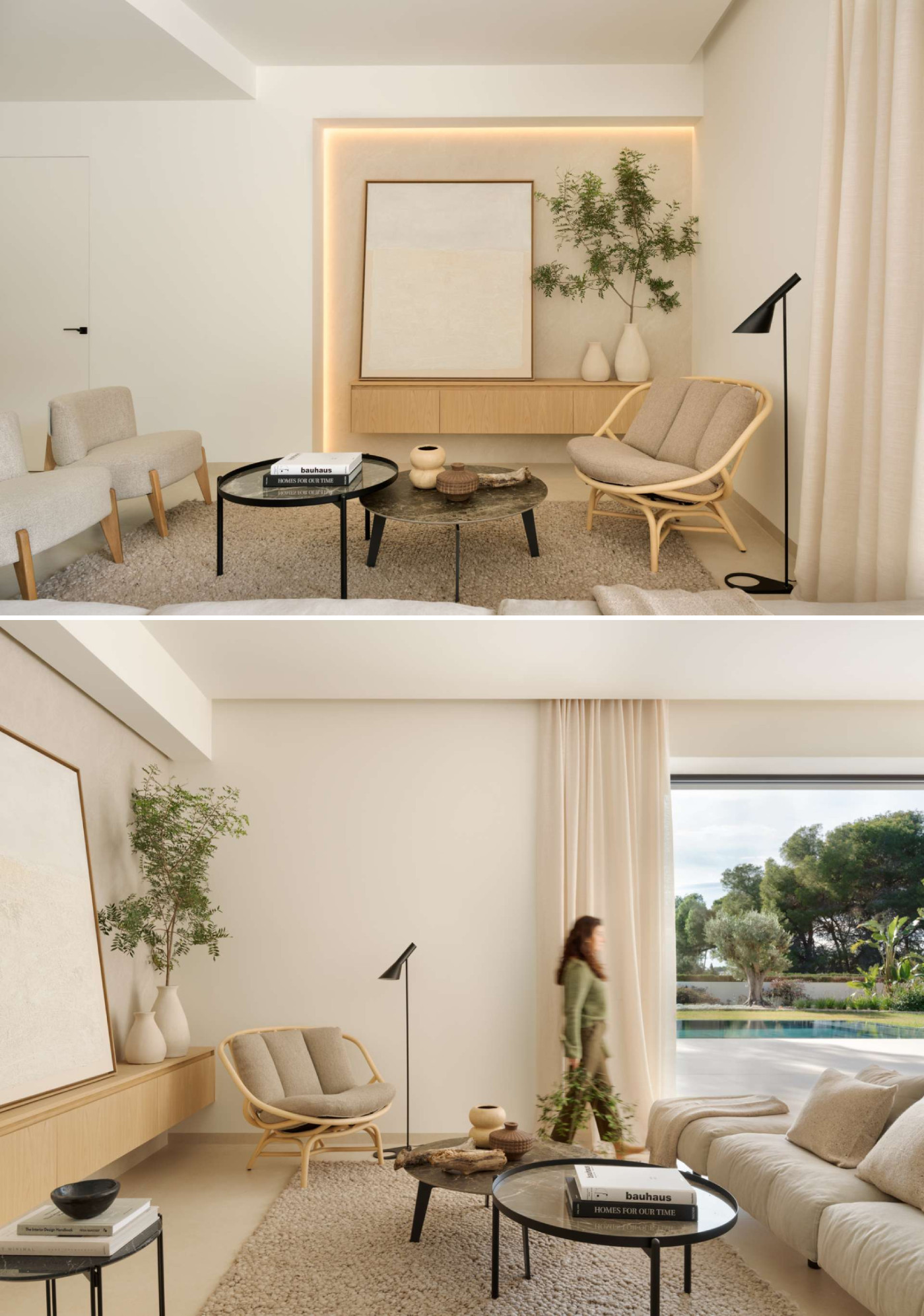 In one corner of this living room, sculptural furniture, a floating timber shelf, and oversized artwork bring softness and personality to the minimalist space. This is modern minimalism with soul, clean-lined but grounded in comfort, light, and nature.