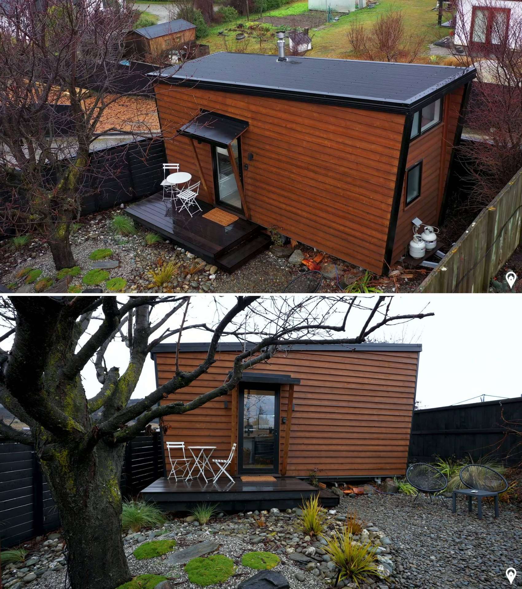 The exterior of this tiny home is clad in timber with black detailing along the edges, giving it a modern cabin feel.
