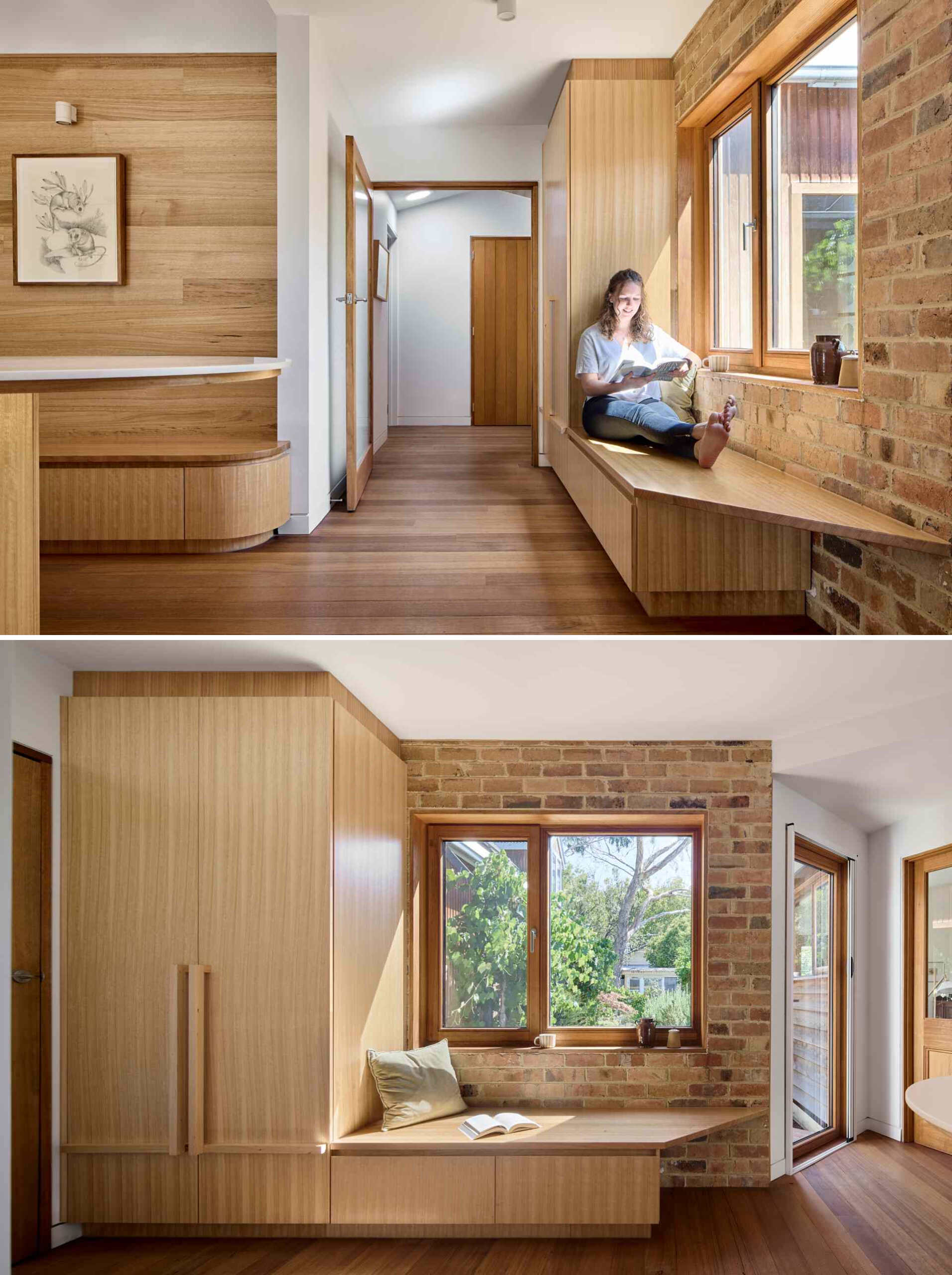 A contemporary kitchen with wood cabinets and white countertops, also includes a variety of seating options in the form of built-in benches.