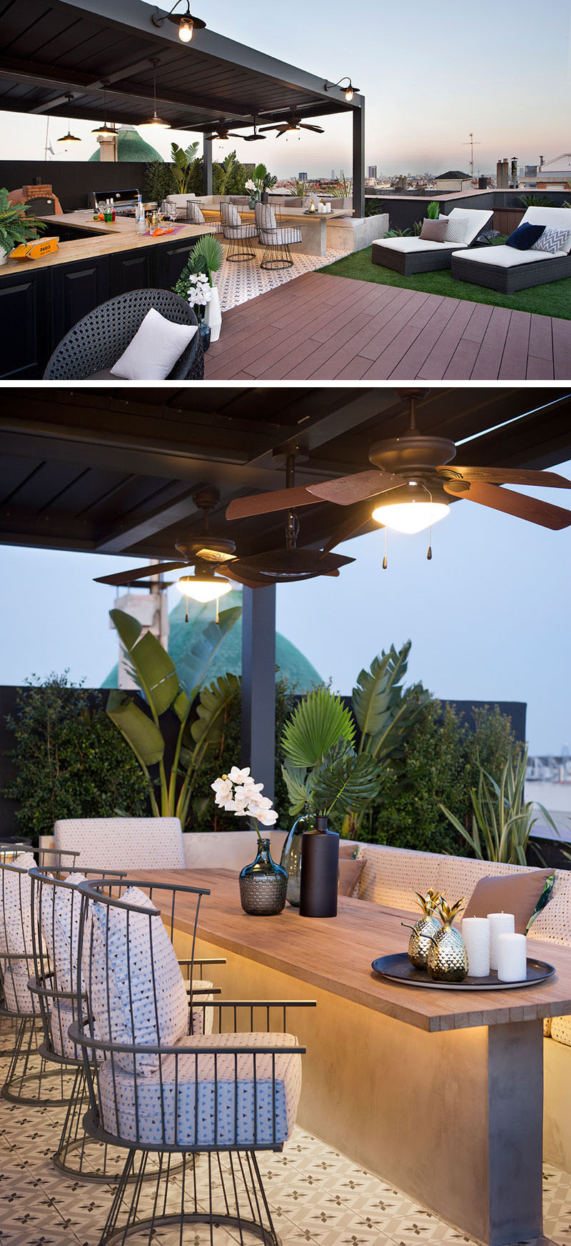 Perched high above the city, this rooftop dining area is a modern entertainer’s dream. With a fully equipped outdoor kitchen, sleek dining table with banquette seating, and built-in bar, it seamlessly blends luxury and functionality. Soft lighting and contemporary finishes make it the perfect spot for al fresco dinners with a skyline view.