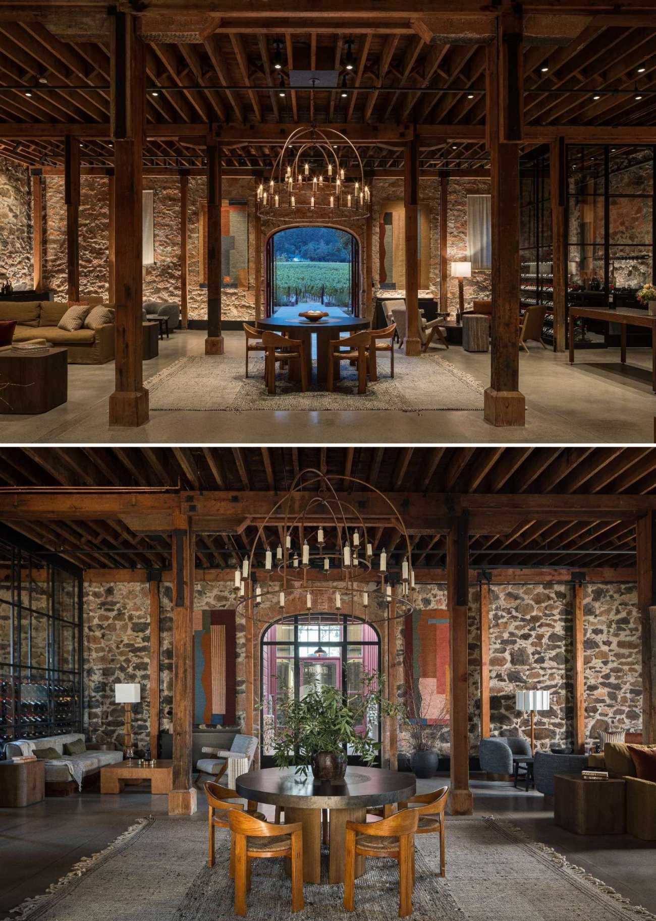 The interiors of this wine tasting room are moody and tactile, with an eclectic mix of furnishings and European influences. Mustard-hued linen sofas, a nod to the region’s vibrant mustard blooms, provide warmth and comfort.