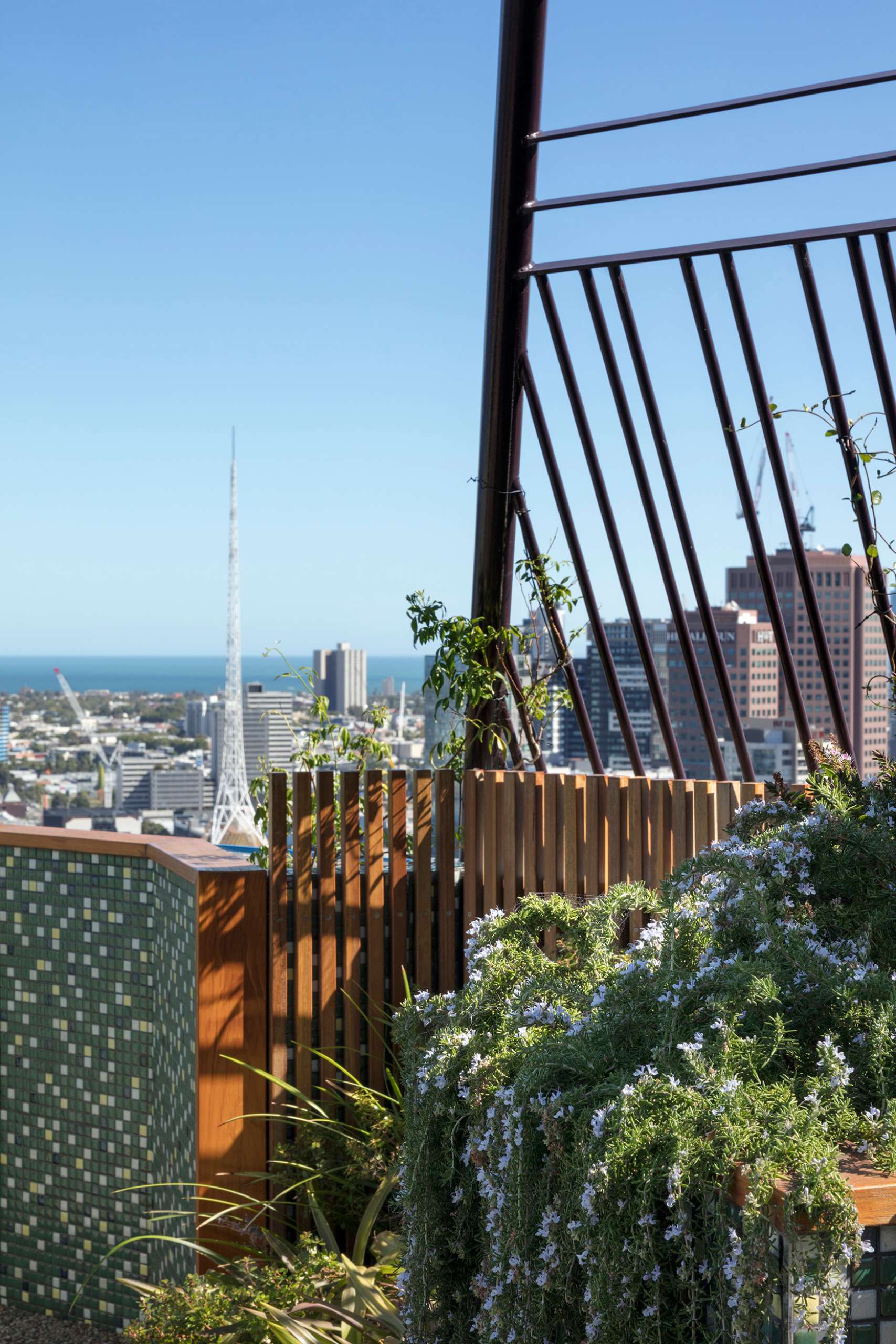 A sculptural steel arbour frames the Phoenix Rooftop garden in central Melbourne, casting dynamic shadows across a mosaic-tiled courtyard. The space blends lush planting, custom tiling, and defined seating zones to create a liveable garden 30 storeys above the city. This rooftop retreat shows how structure and greenery can work together in high-rise outdoor design.