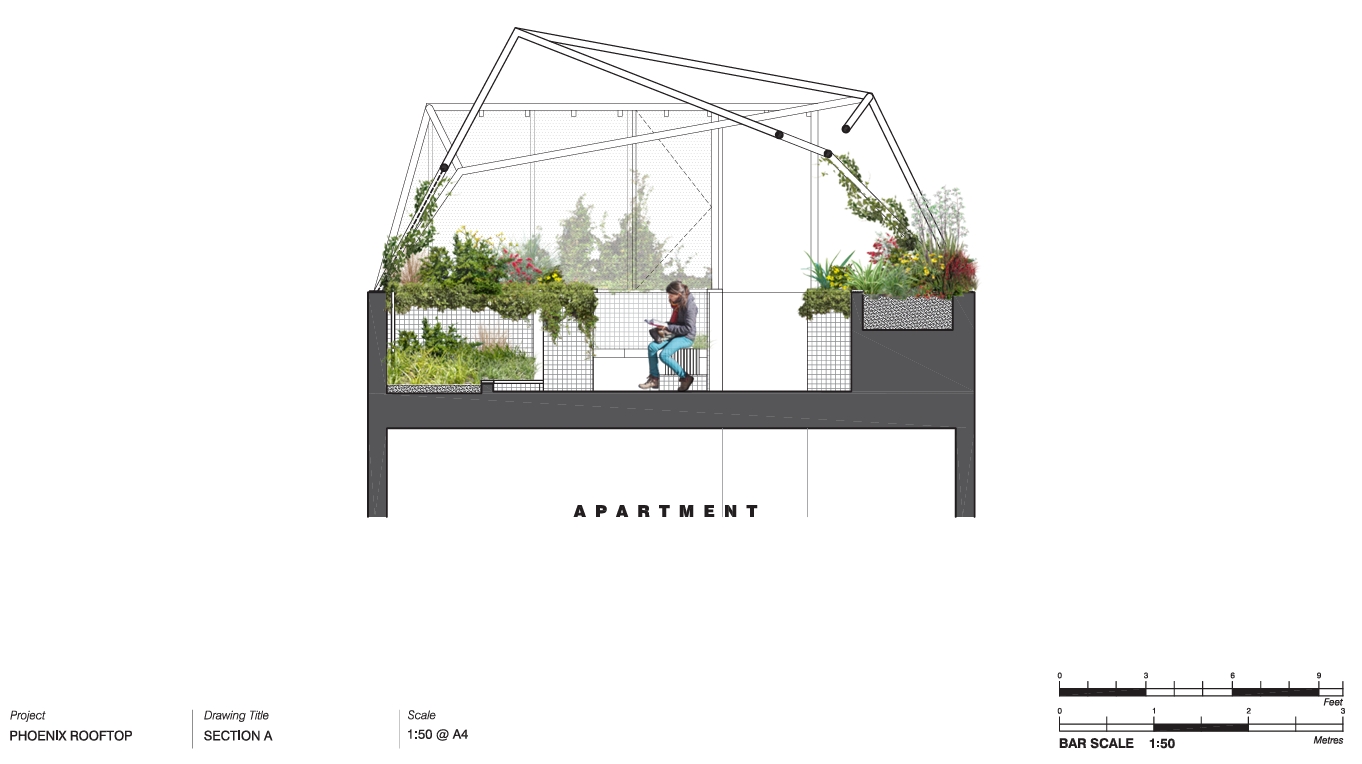 A sculptural steel arbour frames the Phoenix Rooftop garden in central Melbourne, casting dynamic shadows across a mosaic-tiled courtyard. The space blends lush planting, custom tiling, and defined seating zones to create a liveable garden 30 storeys above the city. This rooftop retreat shows how structure and greenery can work together in high-rise outdoor design.
