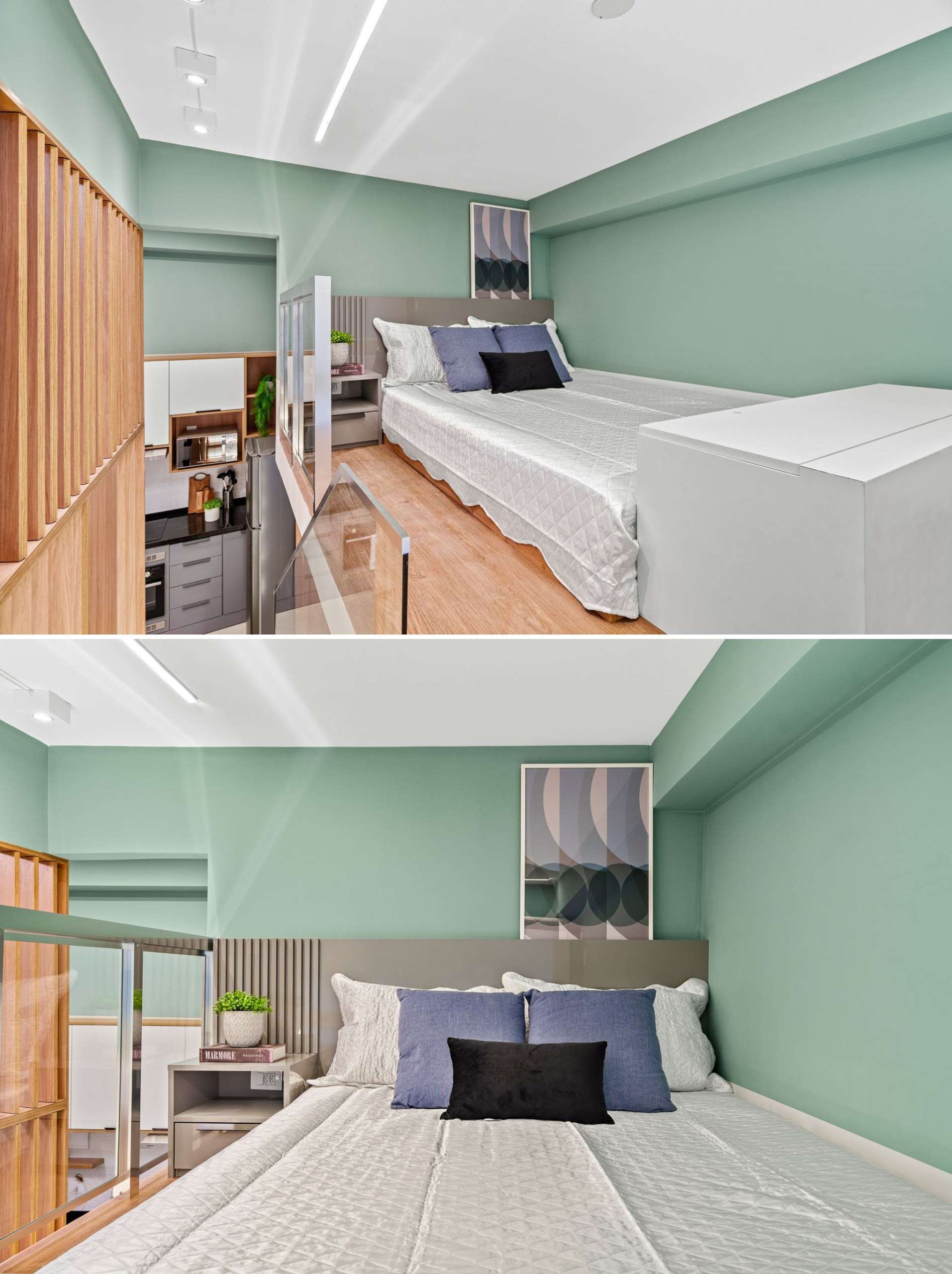 Positioned on the mezzanine level of a small apartment, the bedroom takes advantage of the apartment’s rare double-height ceiling to create a sense of separation and privacy within the compact layout. Elevated above the social areas, it functions as a quiet retreat while remaining visually connected to the rest of the space. A subtle railing frames the sleeping area without obstructing the flow of natural light.