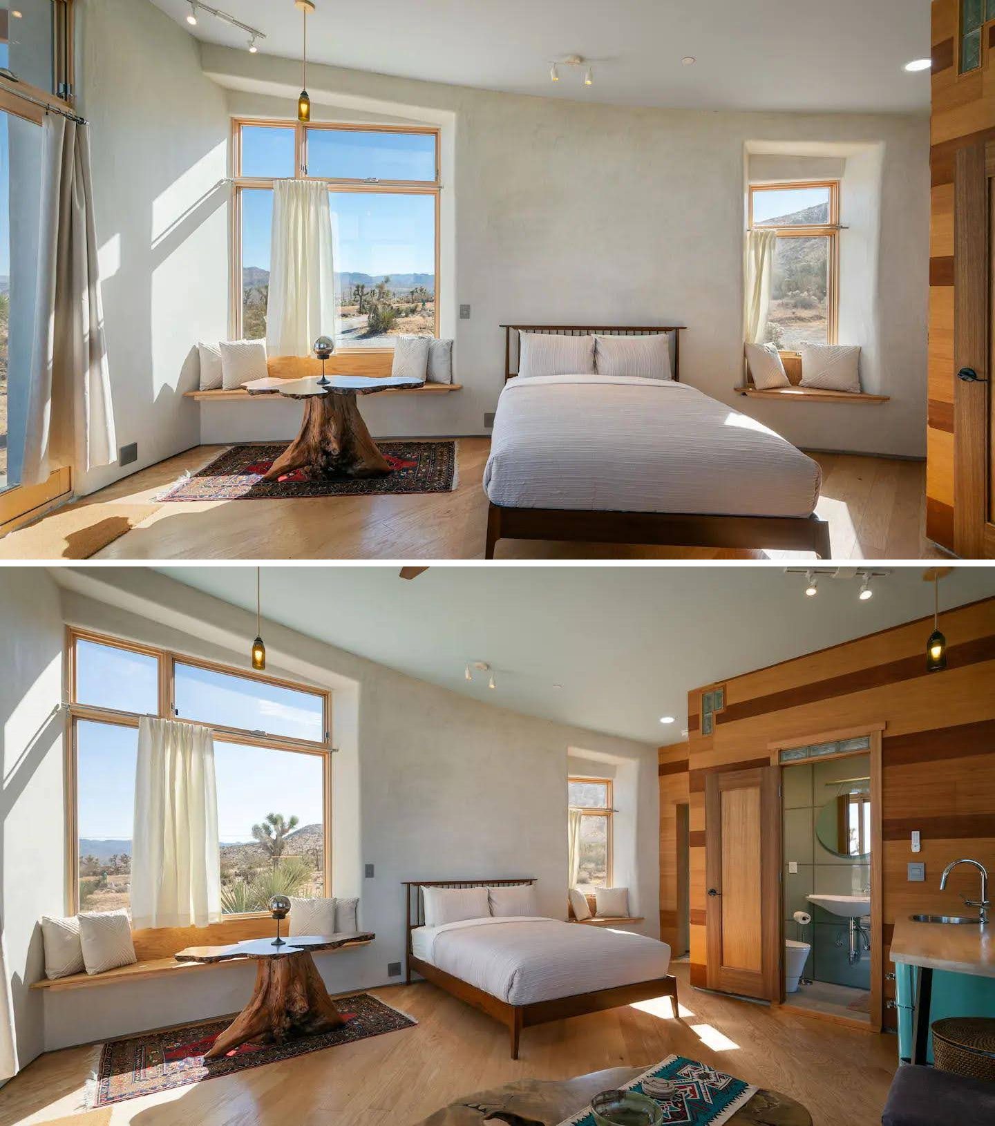 Stepping inside this small desert cabin, there are soft arcs and rounded transitions that echo the natural forms outside, while built-in window seats flank the bed.