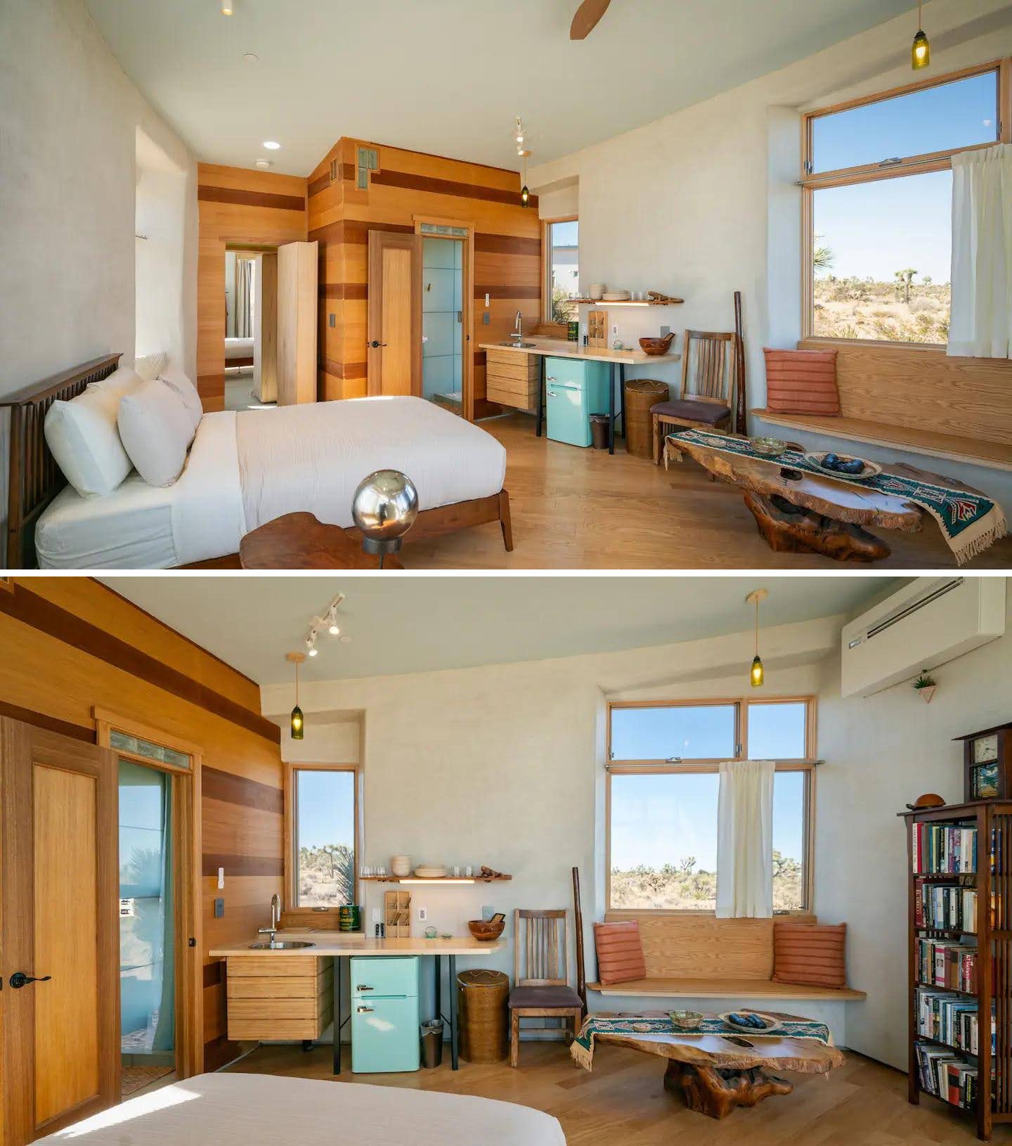 Stepping inside this small desert cabin, there are soft arcs and rounded transitions that echo the natural forms outside, while a small kitchen is positioned opposite the bed.