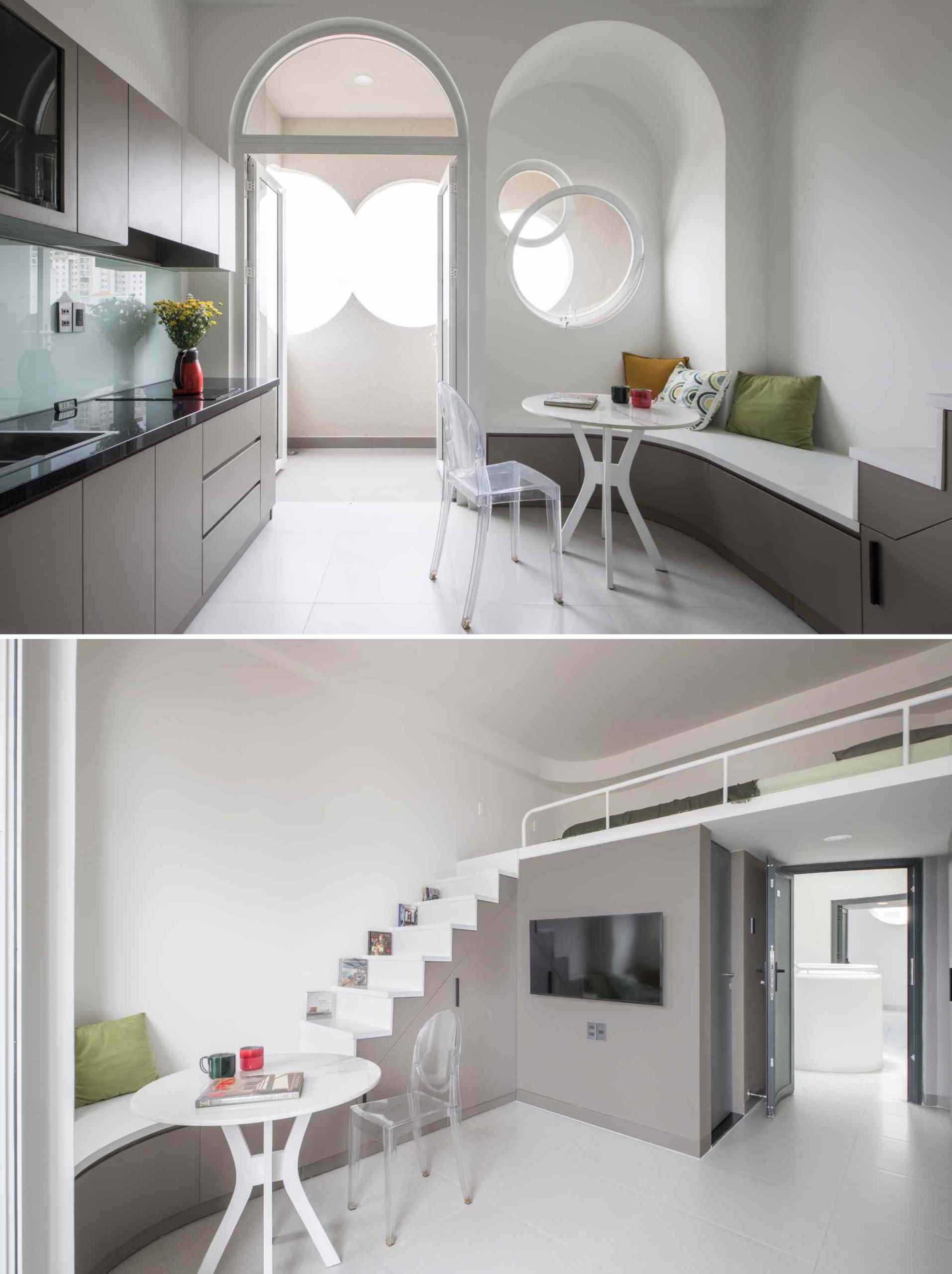 A small apartment with a loft bedroom.