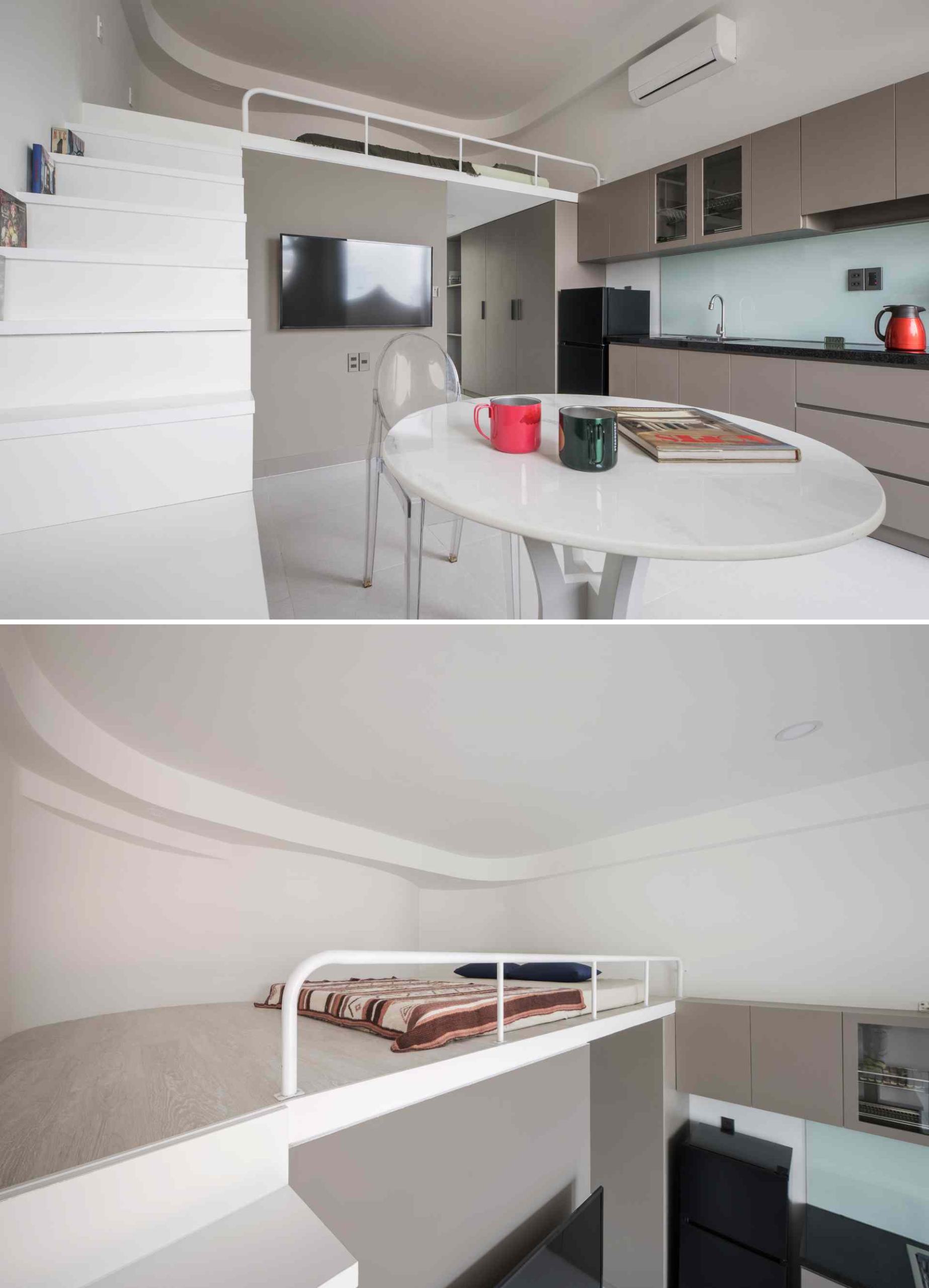 A small apartment with a loft bedroom.