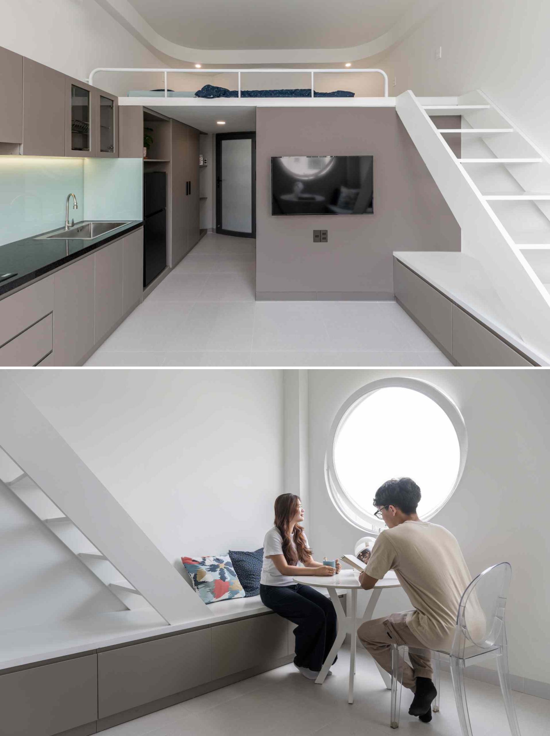 A small apartment with a loft bedroom.