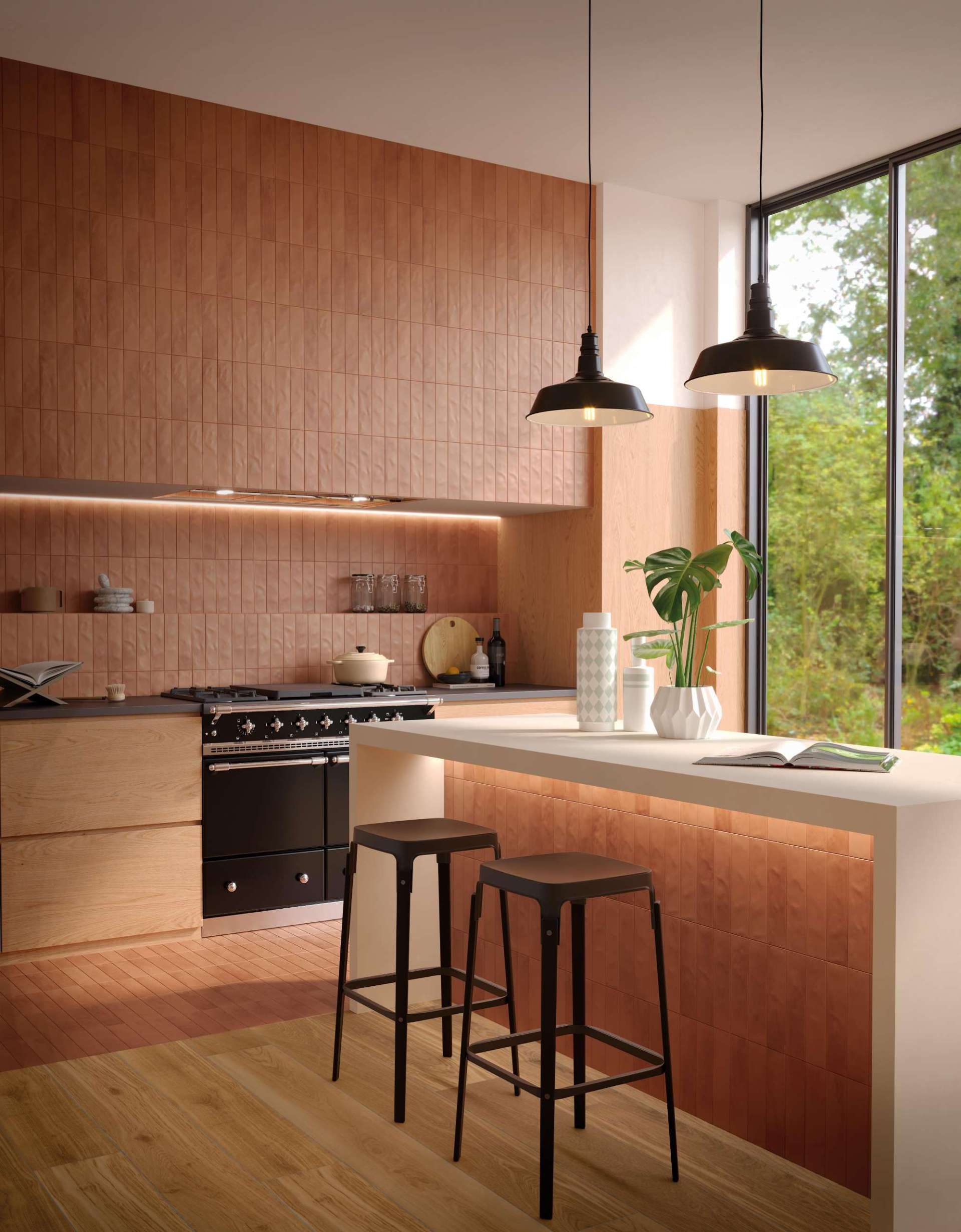 Terracotta-toned tiles bring warmth and texture to this cozy kitchen, paired beautifully with matte black accents and natural wood finishes for a clean modern rustic vibe.
